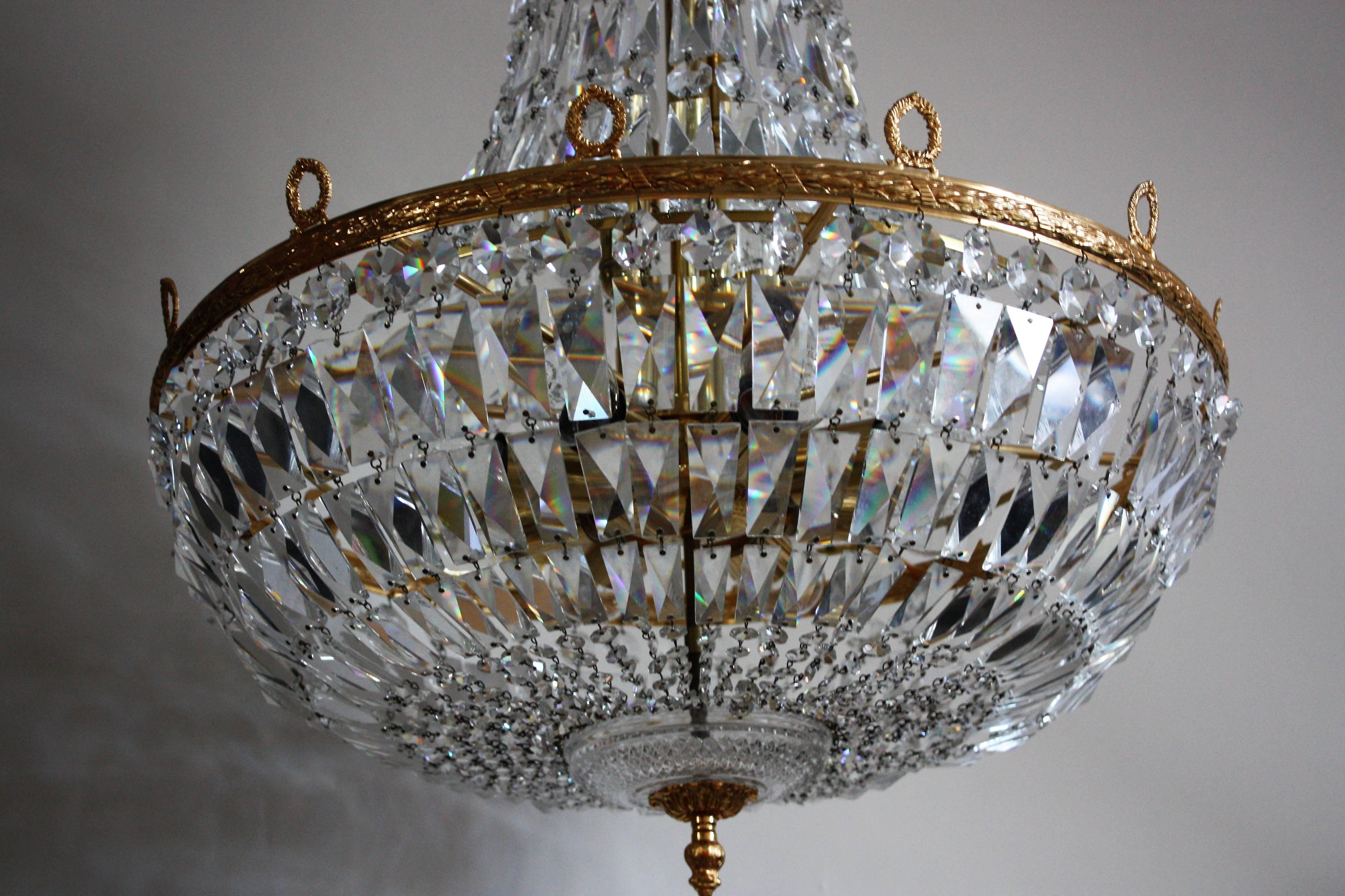Gilt Huge Gold- Plated Empire Style Crystal Chandelier by Palwa, Germany, 1960s
