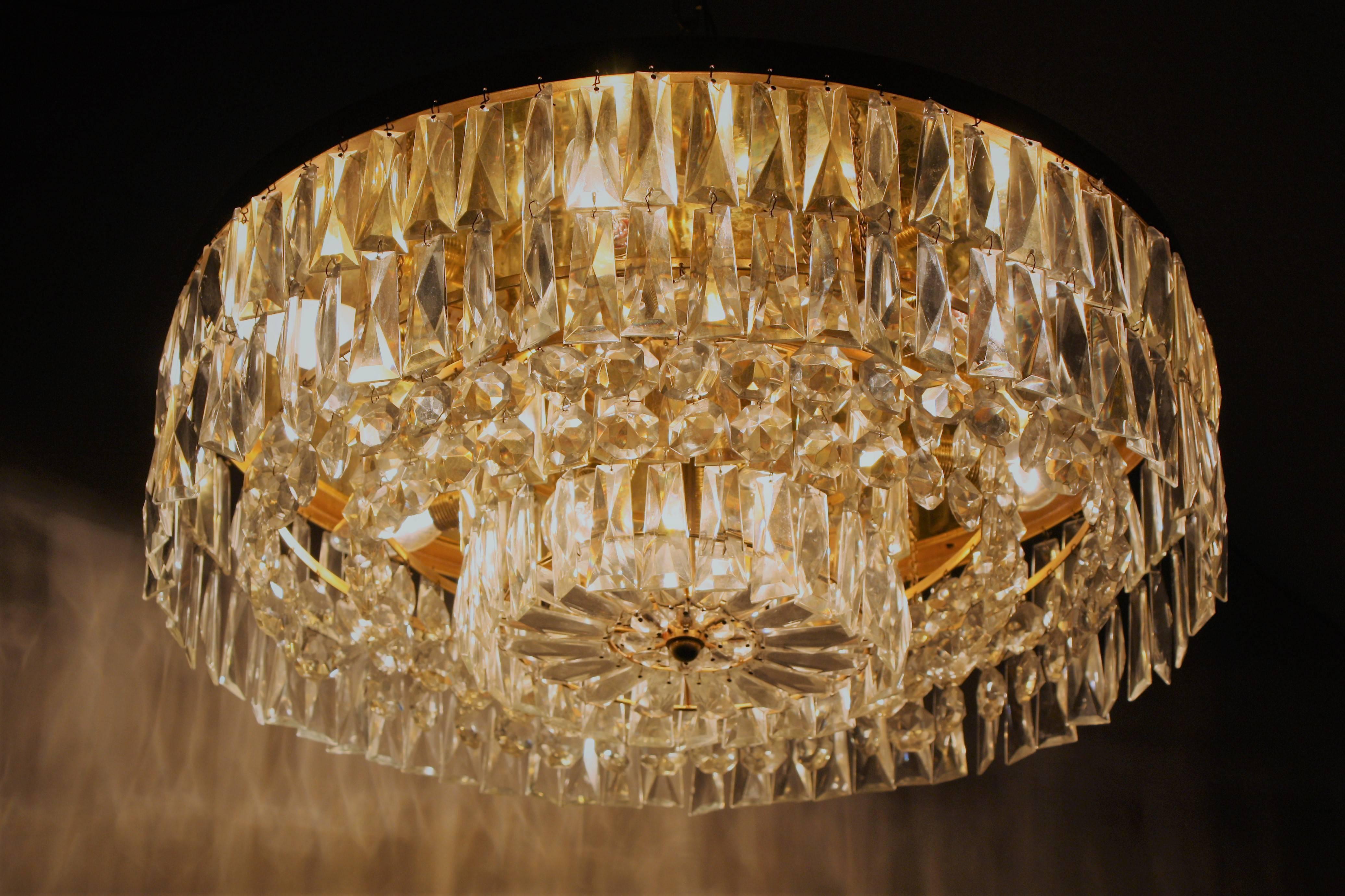 Hollywood Regency Huge Gilt Brass and Glass Flush Mount by Palwa, 1960s, Germany