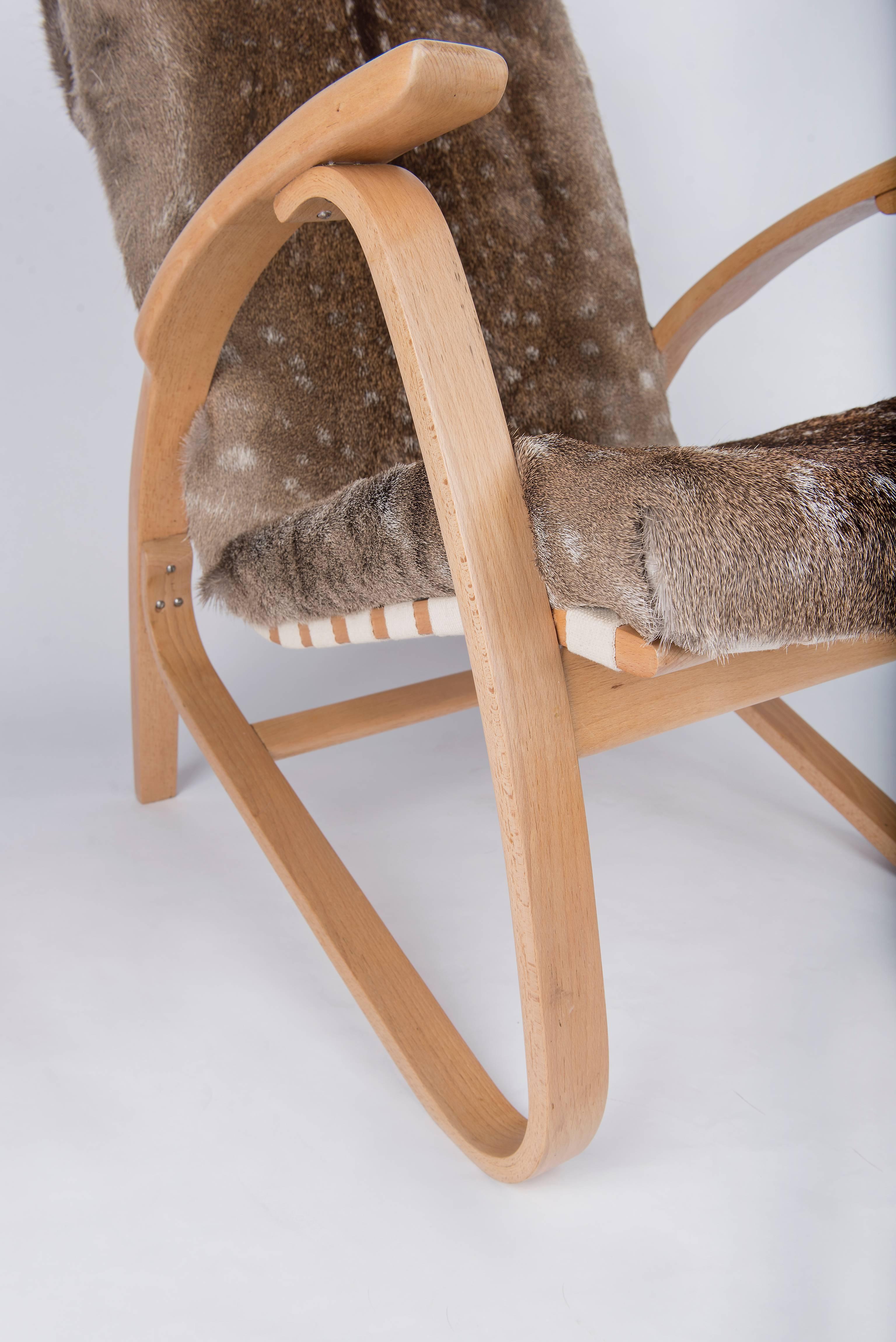 A pair of armchairs designed by Jindrich Halabala in the early 1930s, made in bentwood .The wooden parts were completely restored and re-polished and the cotton straps were changed. The cussing were re-furbished and re-upholstered with deer fur.