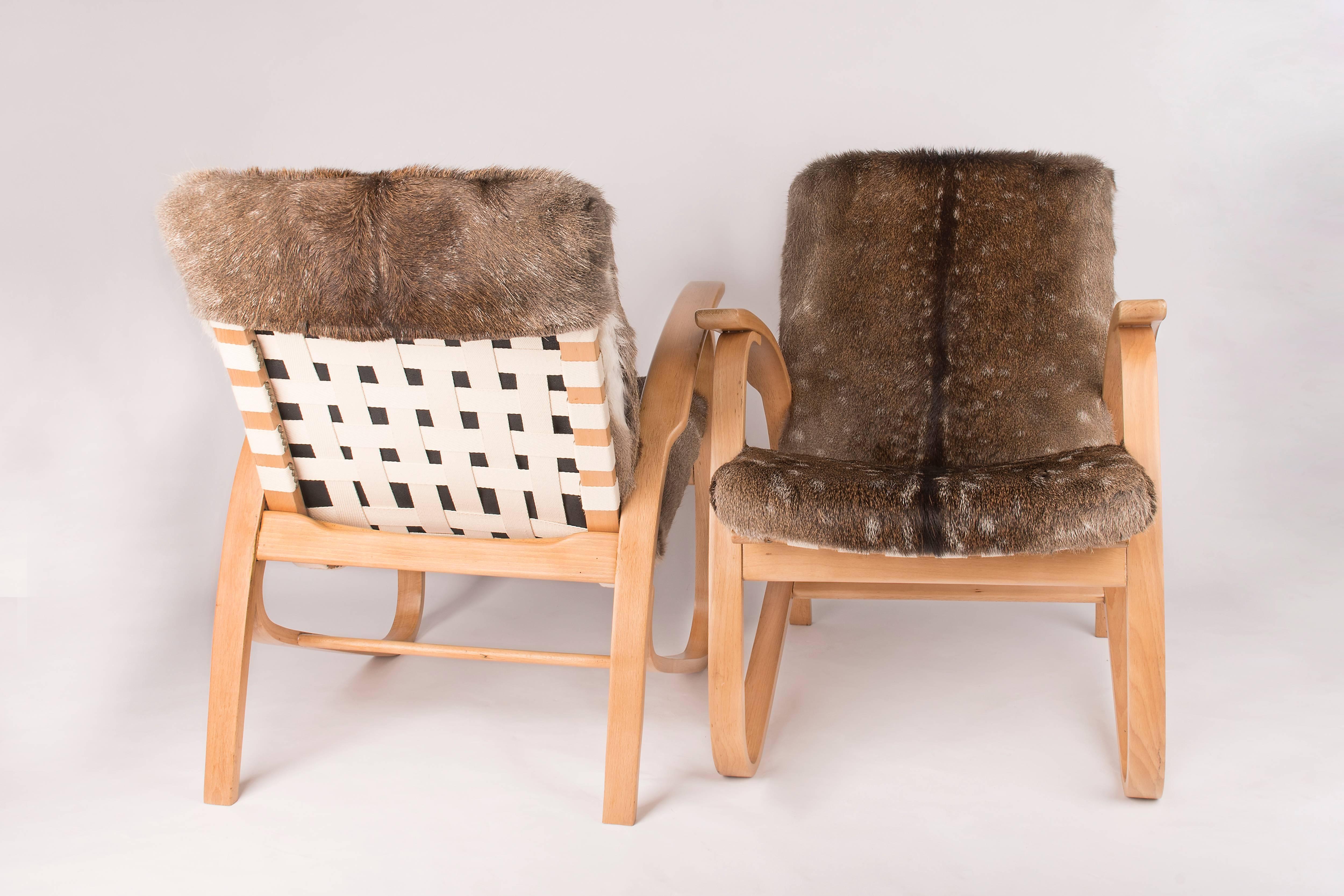 Art Deco Jindrich Halabala Armchairs with Deer Fur