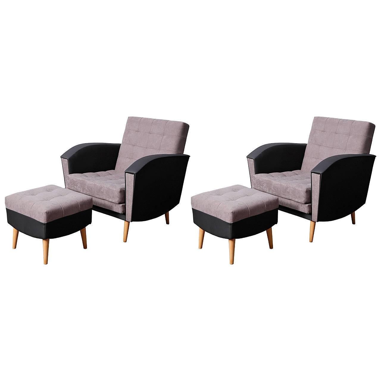 Pair of 1960s Armchairs and Ottomans For Sale