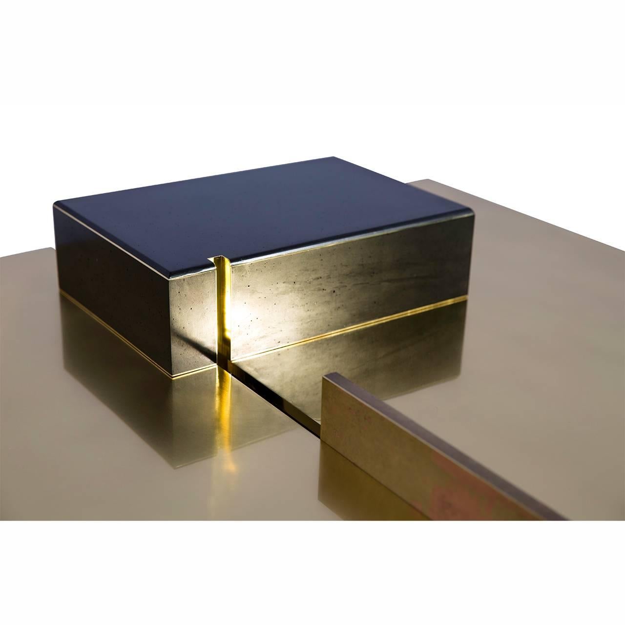 Patinated Modern Low Coffee Table in Polished Brass with Pink Patina and Resin Finish Wood