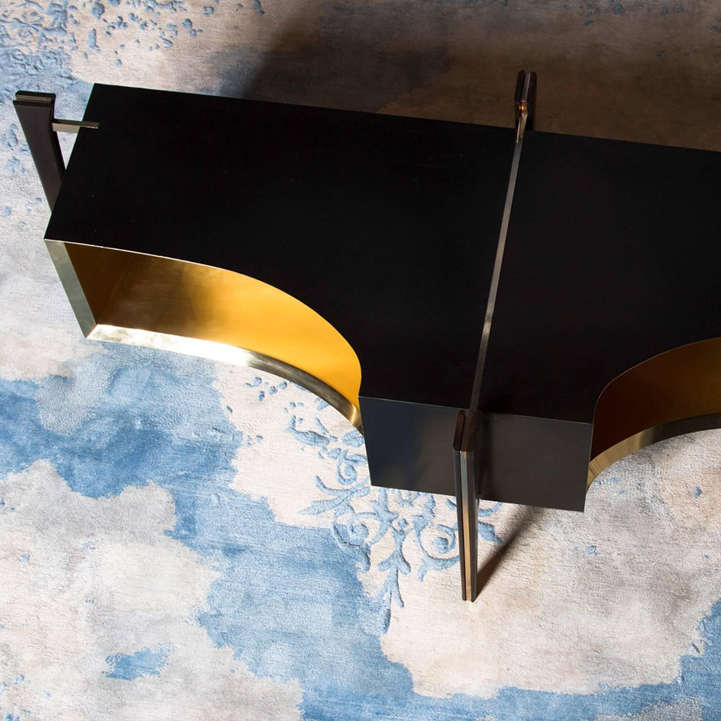French Mid-Century Inspired Wood Console with Brass Lined Interior and Inlay Detail