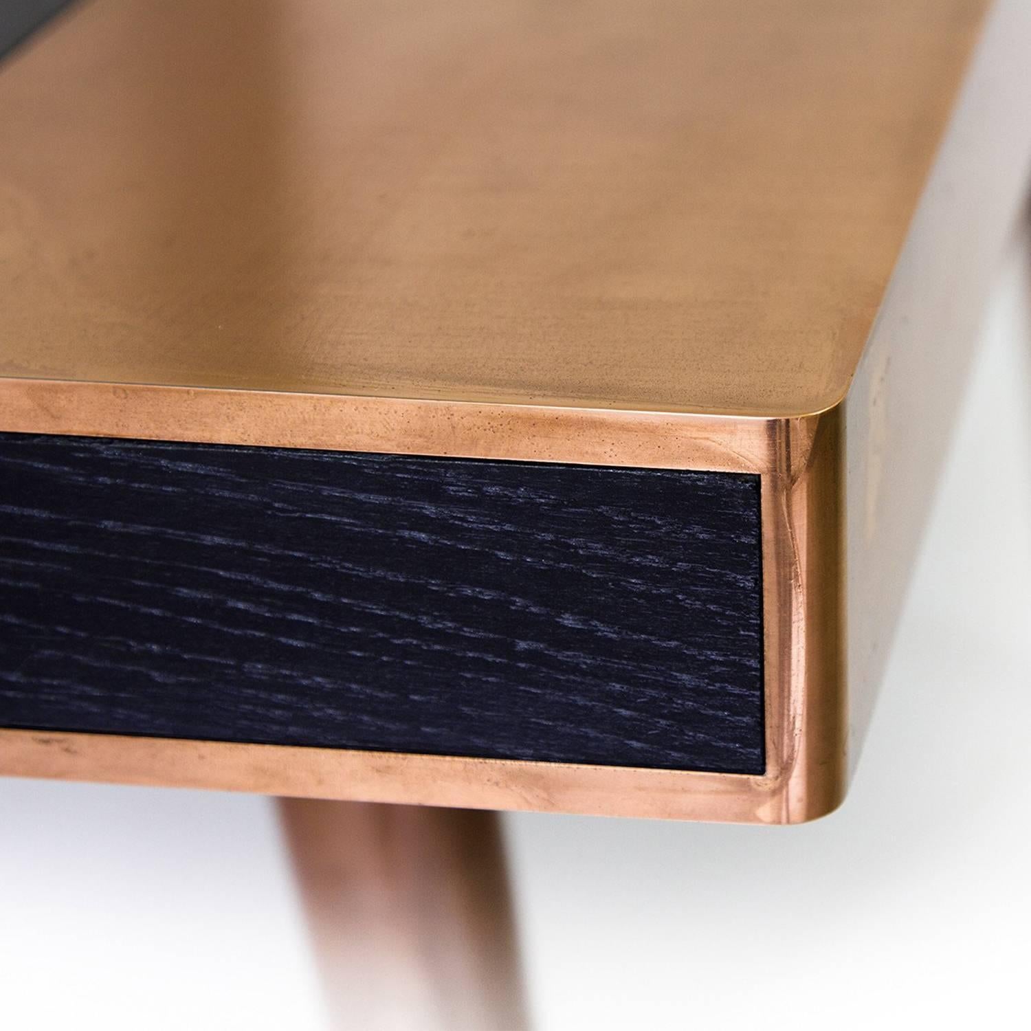 French Contemporary Dining Table Indigo in Coppered Steel, Patinated Brass, Wood Veneer