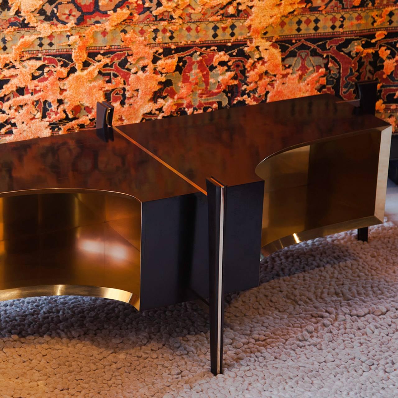 Mid-Century Modern Midcentury Inspired Wood Console with Brass Lined Interior and Inlay Detail