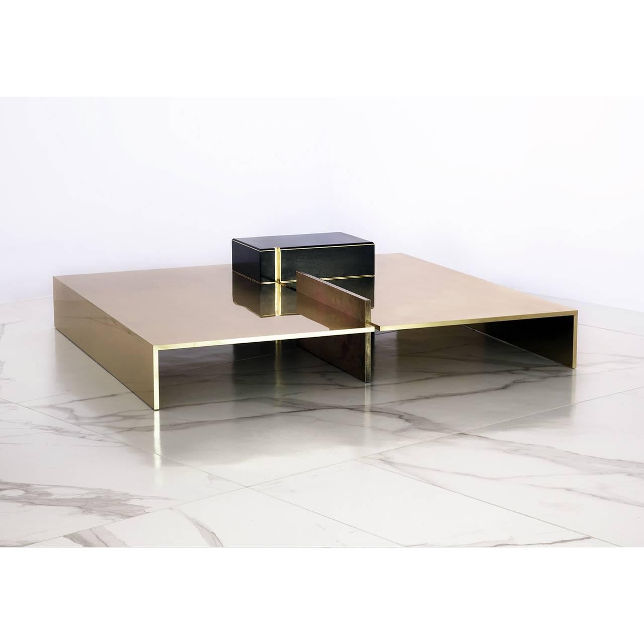Modern Square Brass Low Coffee Table with Hand Varnished Wood Design Element