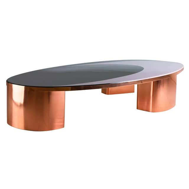 Modern Marble and Glass Attached Coffee Table with Copper or Chrome