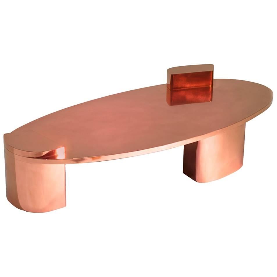 2069, 21st Century Oval Tri-Leg Base Polished Copper Jacket Low Coffee Table