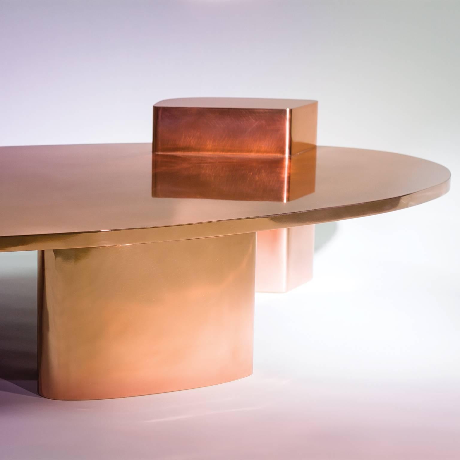 French 2069, 21st Century Oval Tri-Leg Base Polished Copper Jacket Low Coffee Table