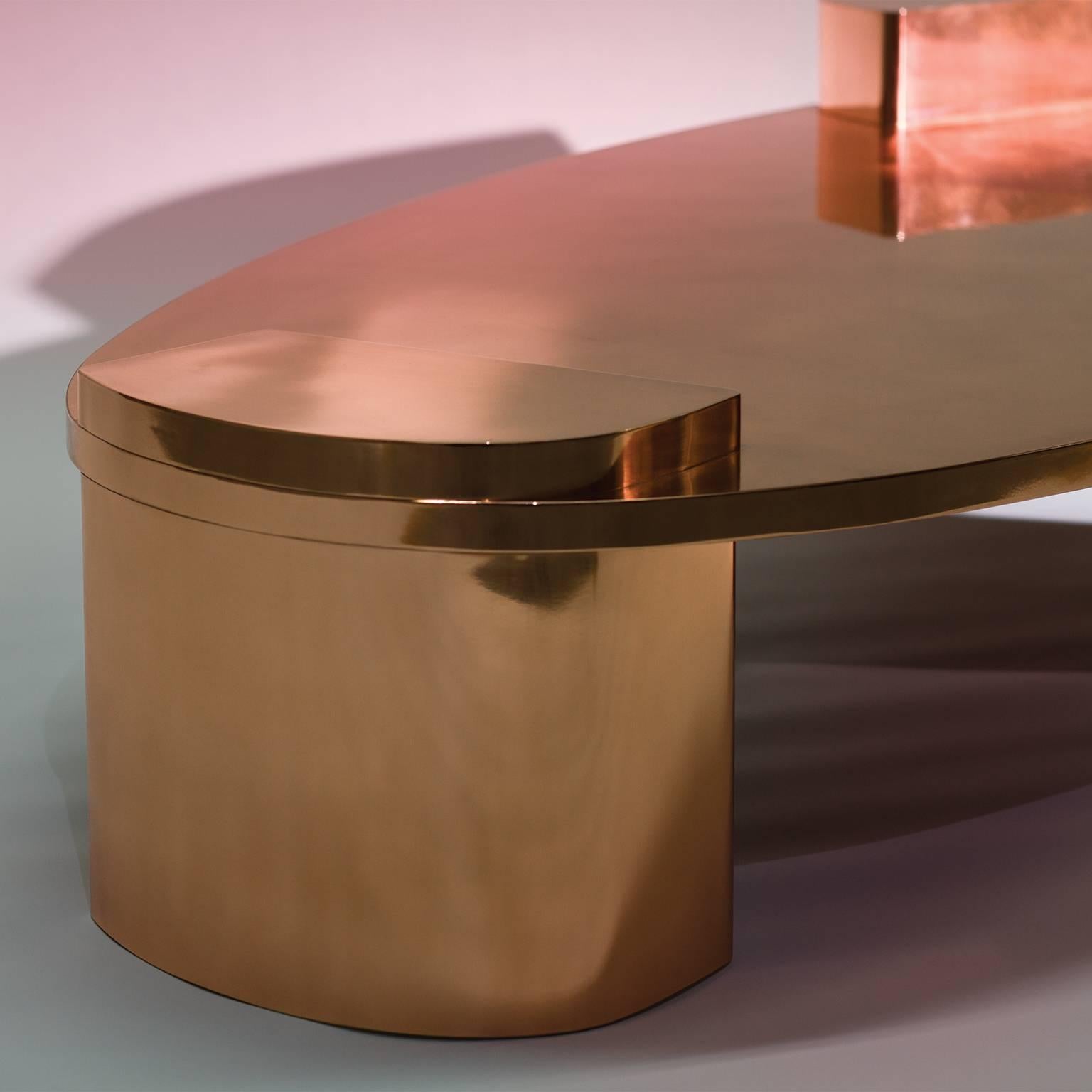 Contemporary 2069, 21st Century Oval Tri-Leg Base Polished Copper Jacket Low Coffee Table