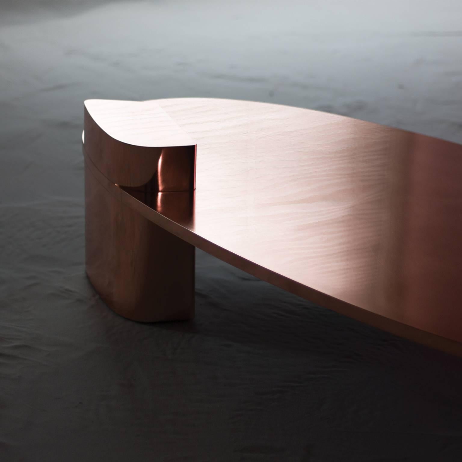 2069, 21st Century Oval Tri-Leg Base Polished Copper Jacket Low Coffee Table 1