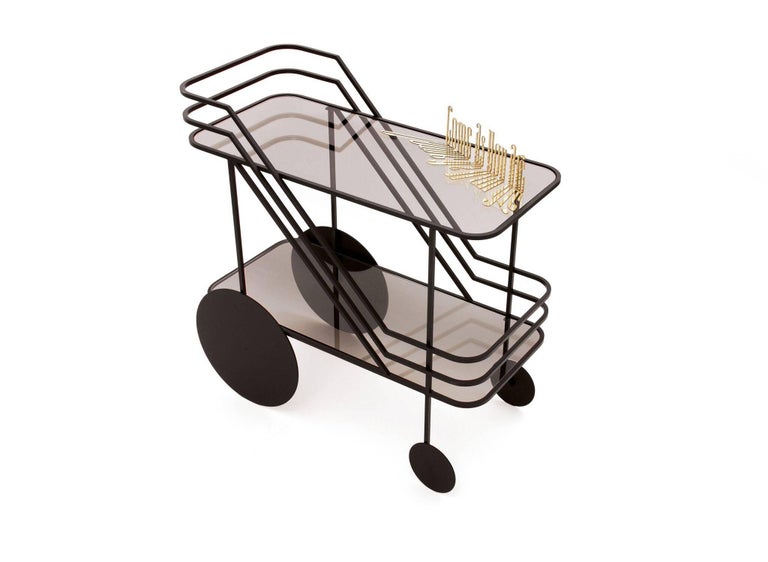 Modern Black Powder Coated Contemporary European Drinks Cart with Smoke Glass Shelves  For Sale