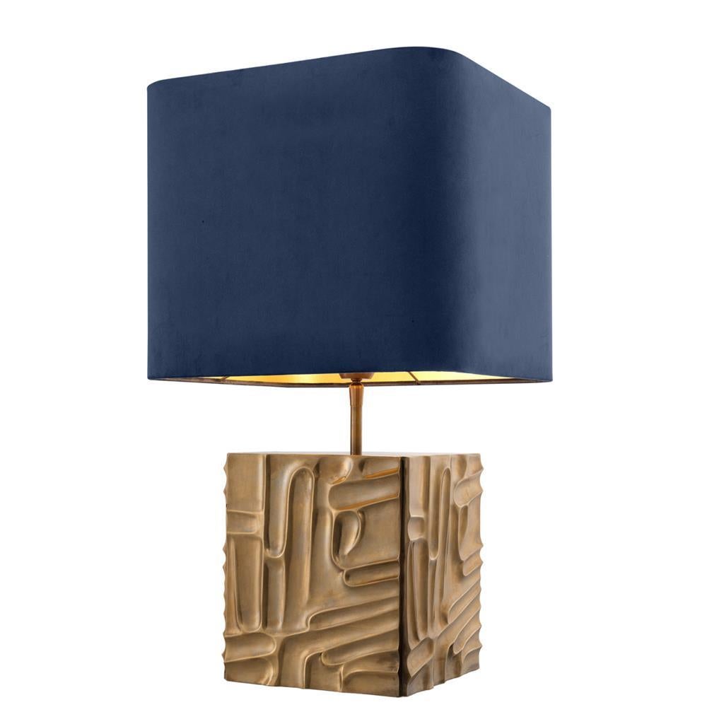 Midcentury Style Vintage Brass Table Lamp with Blue Velvet Shade