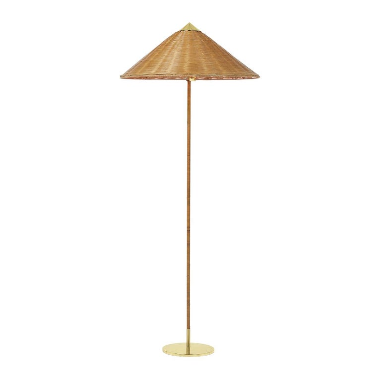 6 Paavo Tynell 9602 Wicker Wrapped Brass Stem Floor Lamps With Rattan Lamp Shade