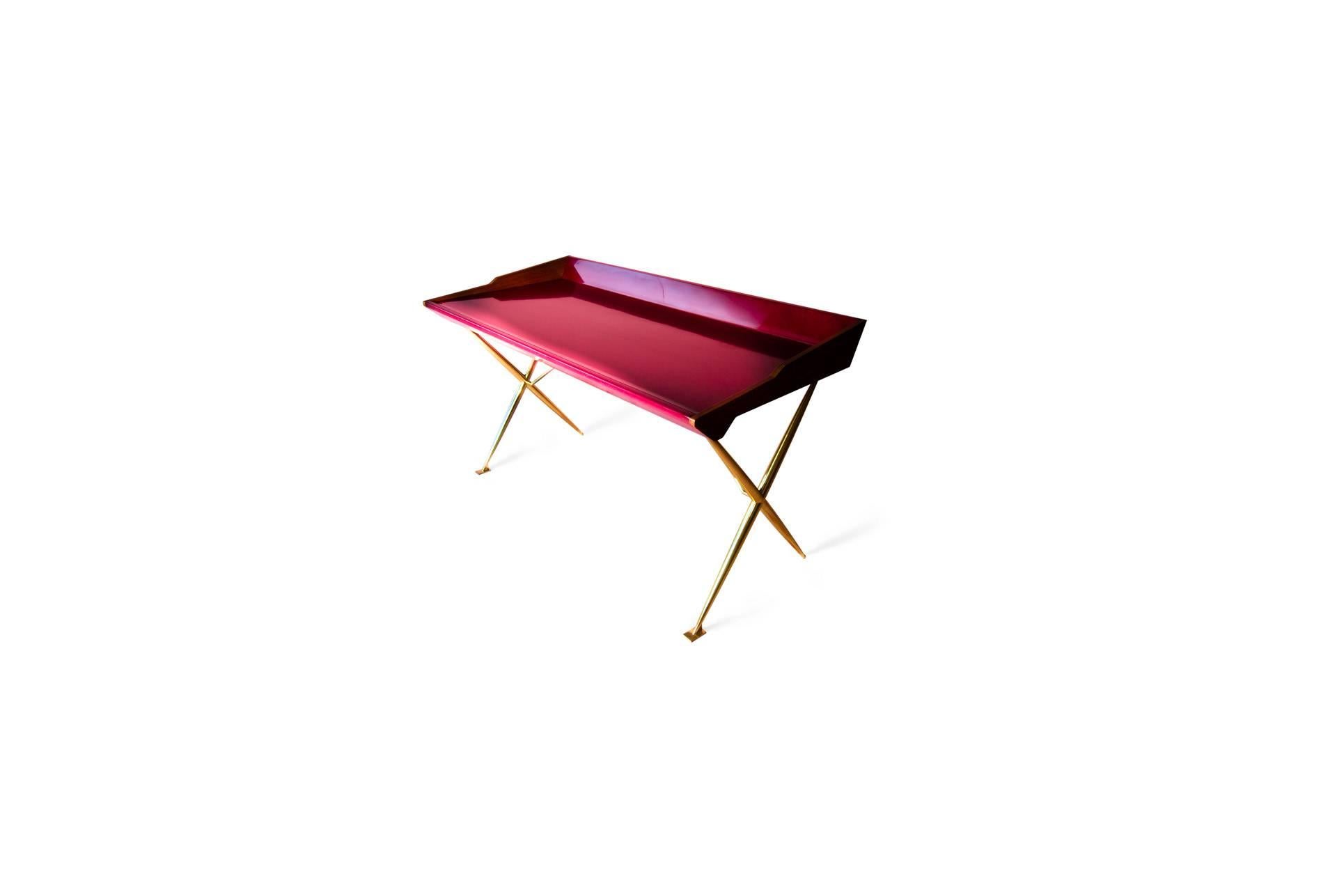 This one of a kind contemporary writing desk named Versatil by its creators is designed in Luxembourg and handmade in the European Union. The desk combines the Mid-Century Modern aesthetic style theory with a contemporary streamlined appeal.  The