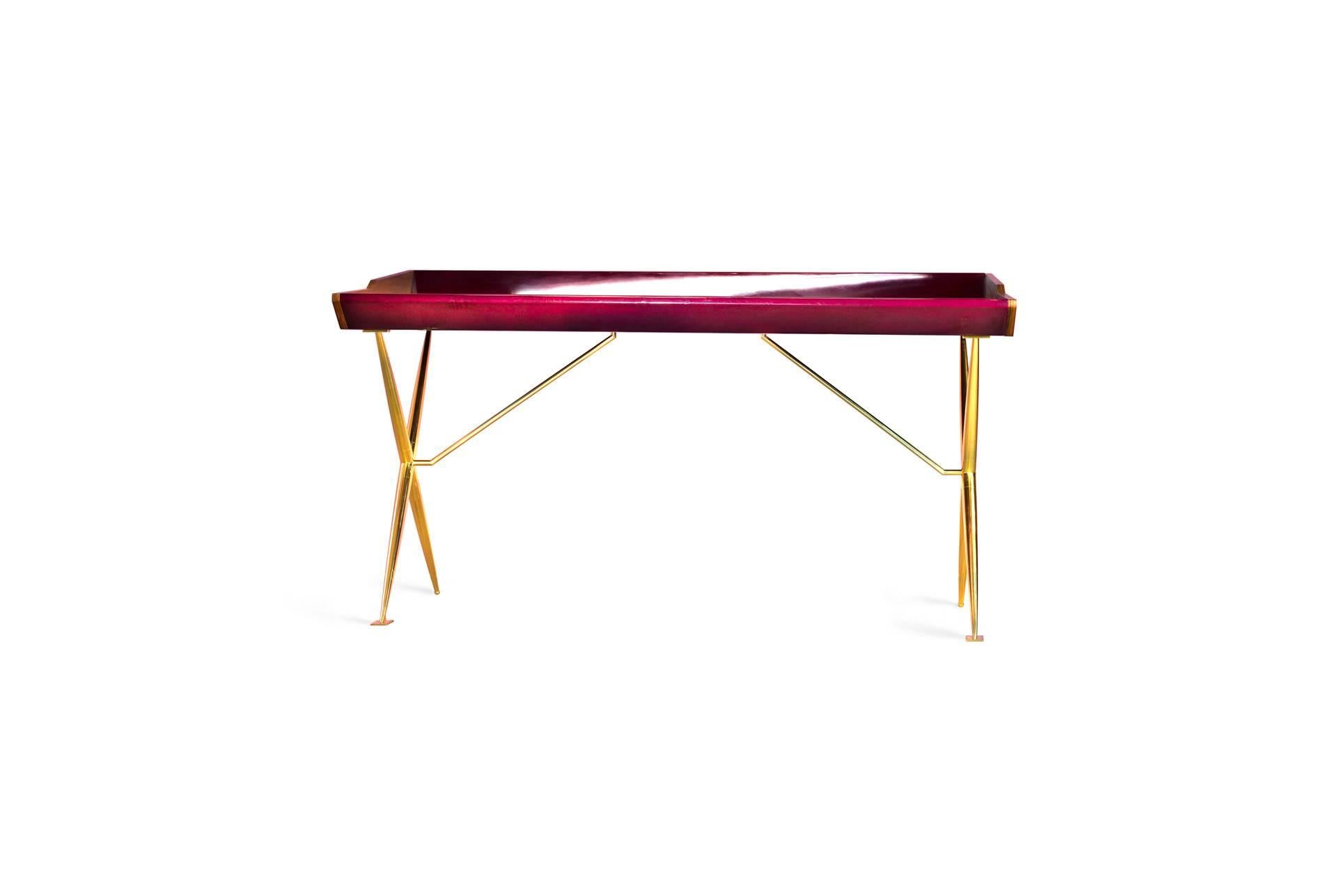 Mid-Century Modern 21st Century European Midcentury Inspired Lacquered Wood and Brass Writing Desk