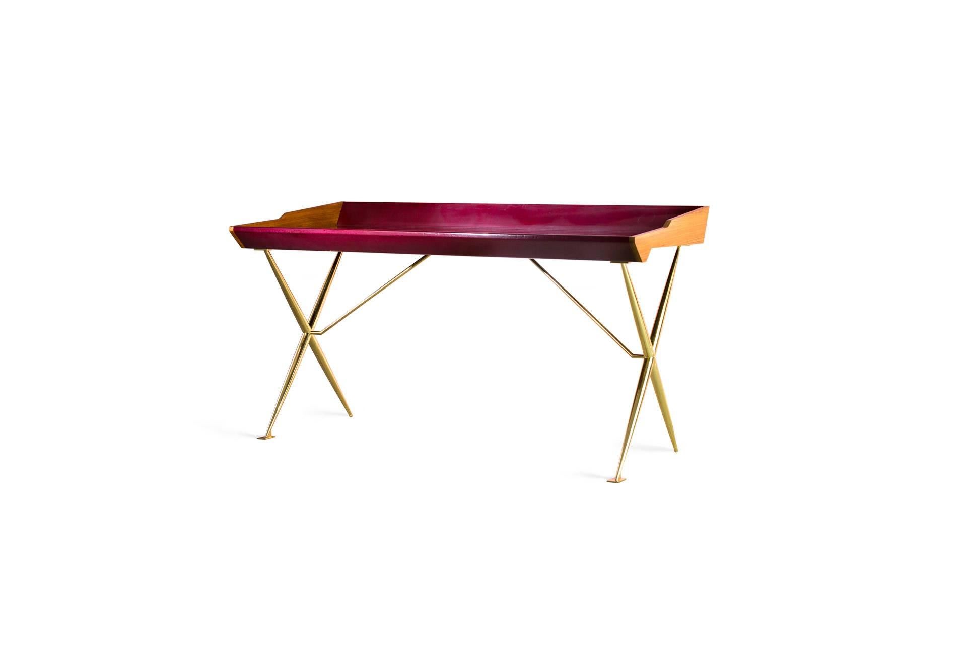 French 21st Century European Midcentury Inspired Lacquered Wood and Brass Writing Desk