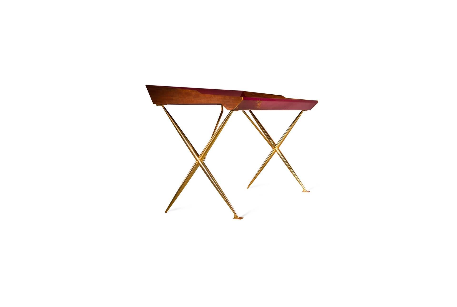 Carved 21st Century European Midcentury Inspired Lacquered Wood and Brass Writing Desk