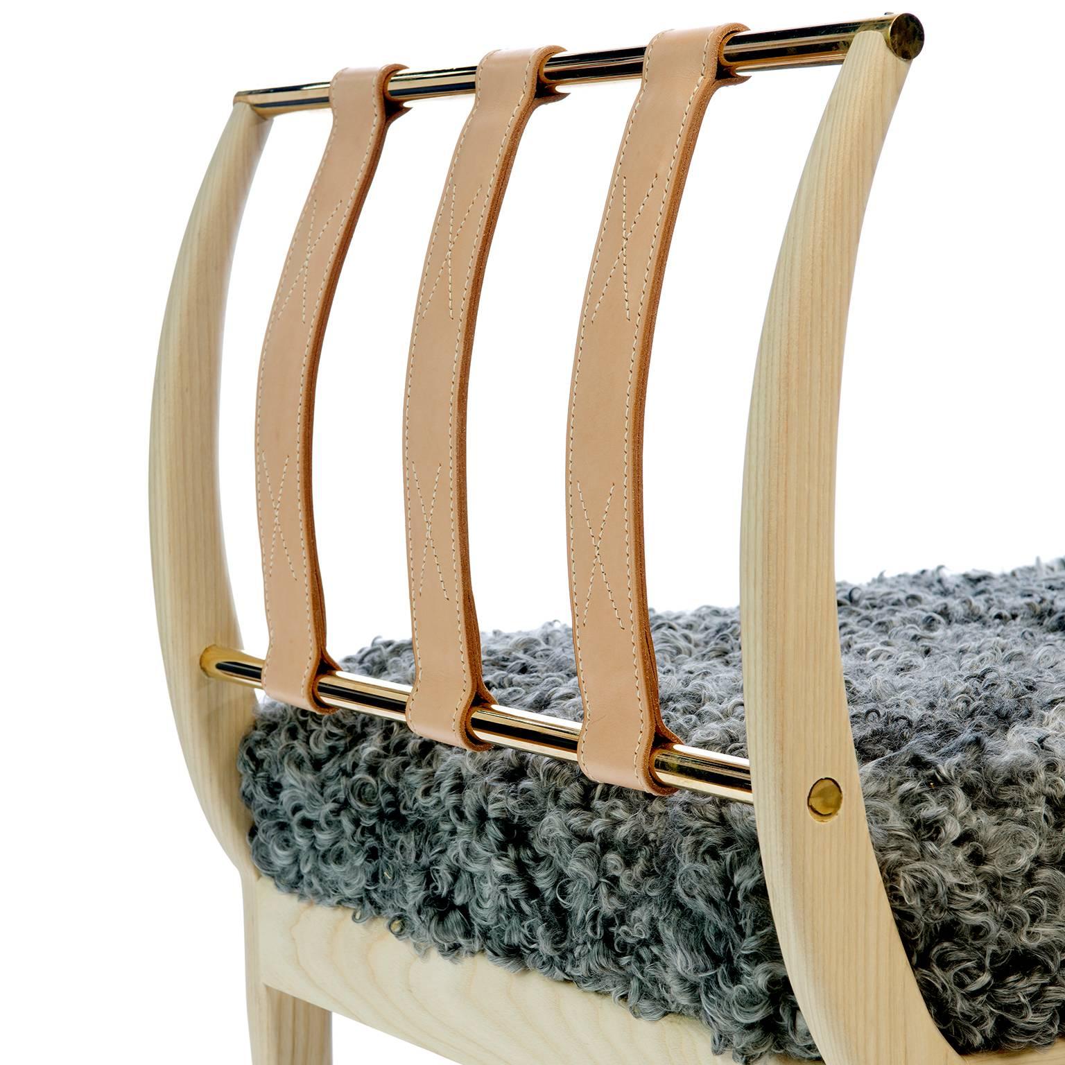 Vegetable Dyed Contemporary Handcrafted American Design Wood Bench with Leather Straps For Sale