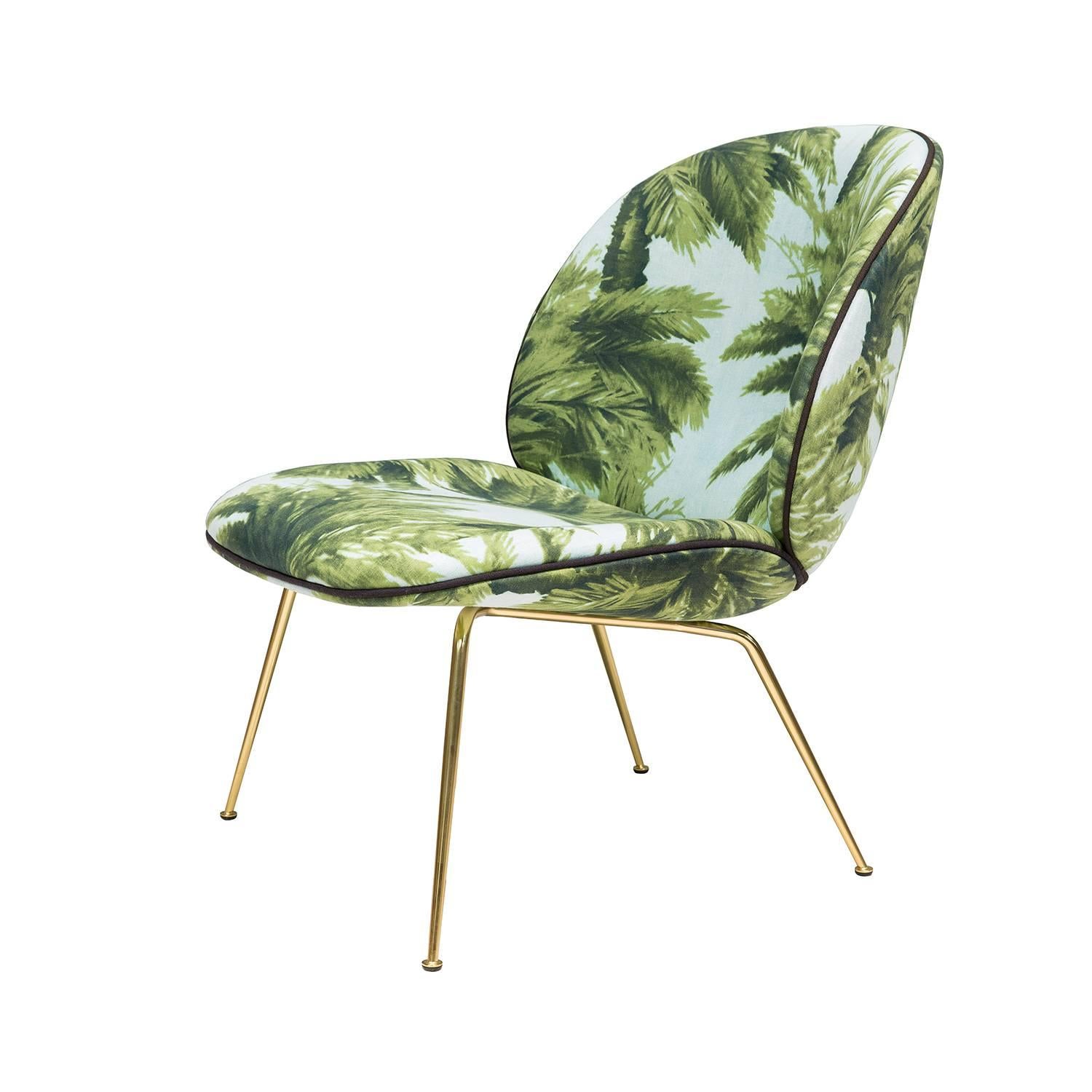 Contemporary Beetle Lounge Chair Fully Upholstered with Piping & Semi Matt Brass Base