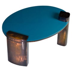 Blue Moon Table with Hand Patinated Copper Legs and Blue Resin Top
