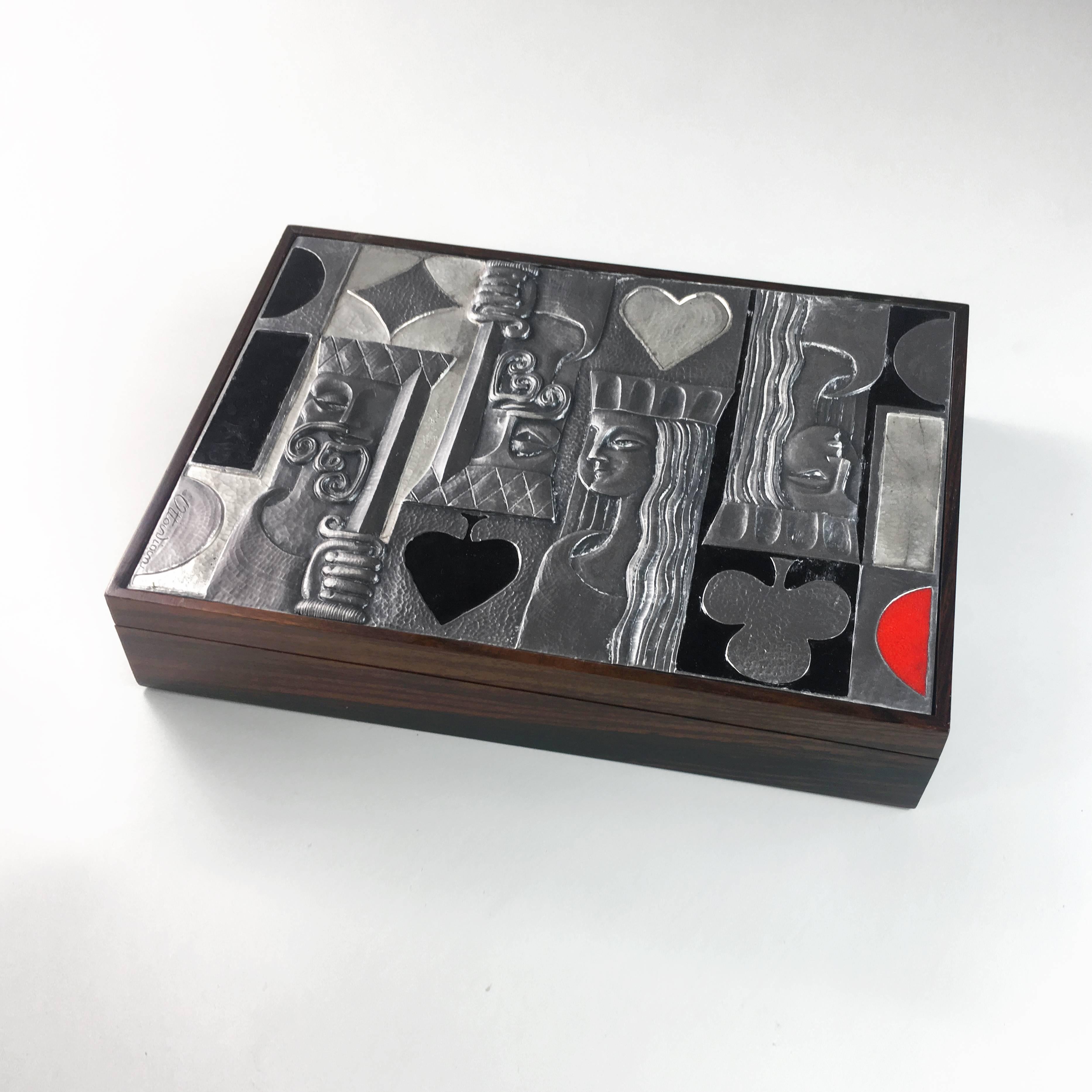 Wooden game box with enameled silver top produced and marked by Ottaviani, Italy. Includes original game items.
 