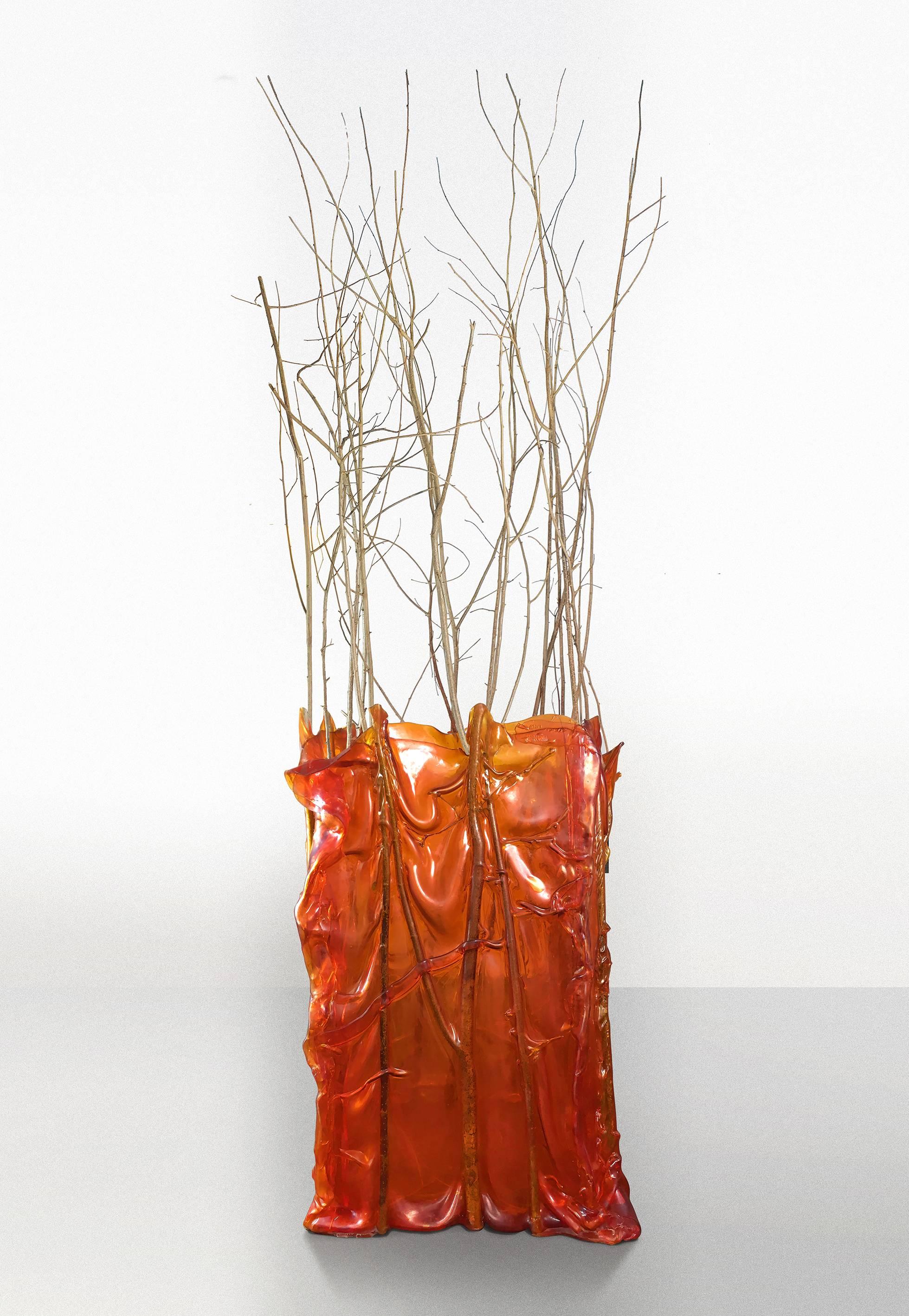 High floor vase made of red resin and natural dry brushes designed by Fernando and Humberto Campana. Limited edition piece (1/30) was exposed in Trienale di Milano museum. On the resin can be seen the stamp with designer sign and edition information.