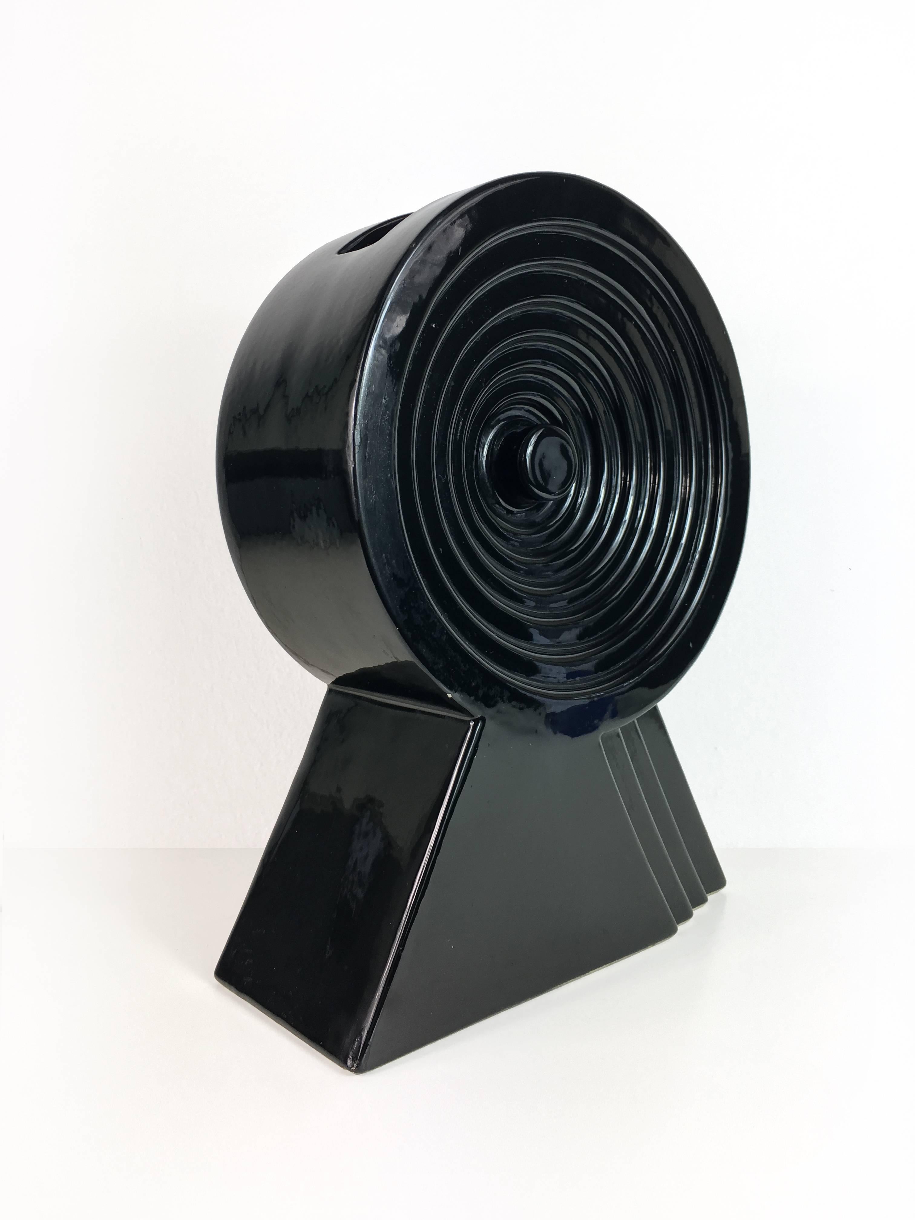 Black glazed ceramic vase with geometric forms. Was created as the part of Yantra series, Edizioni Arte design.