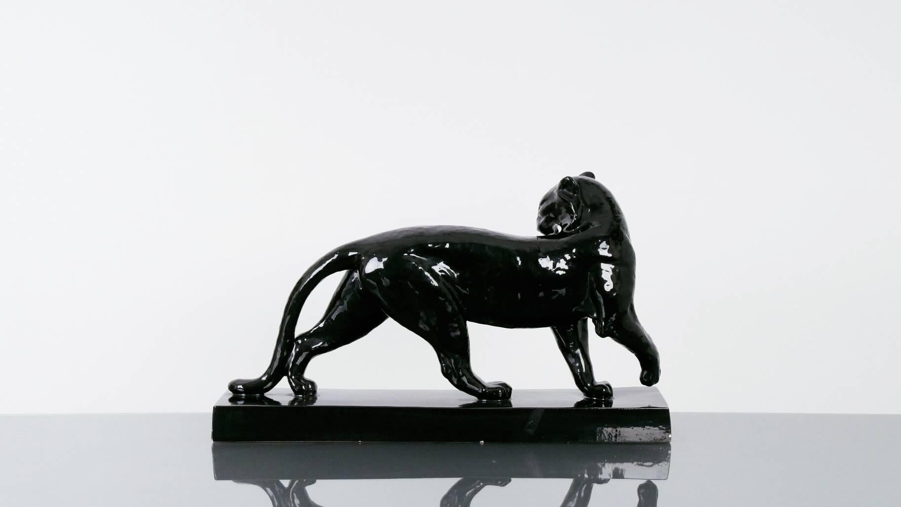 Art Deco Elegant Ceramic Black Panther by Alexandre Kelety and Marcel Guillard For Sale
