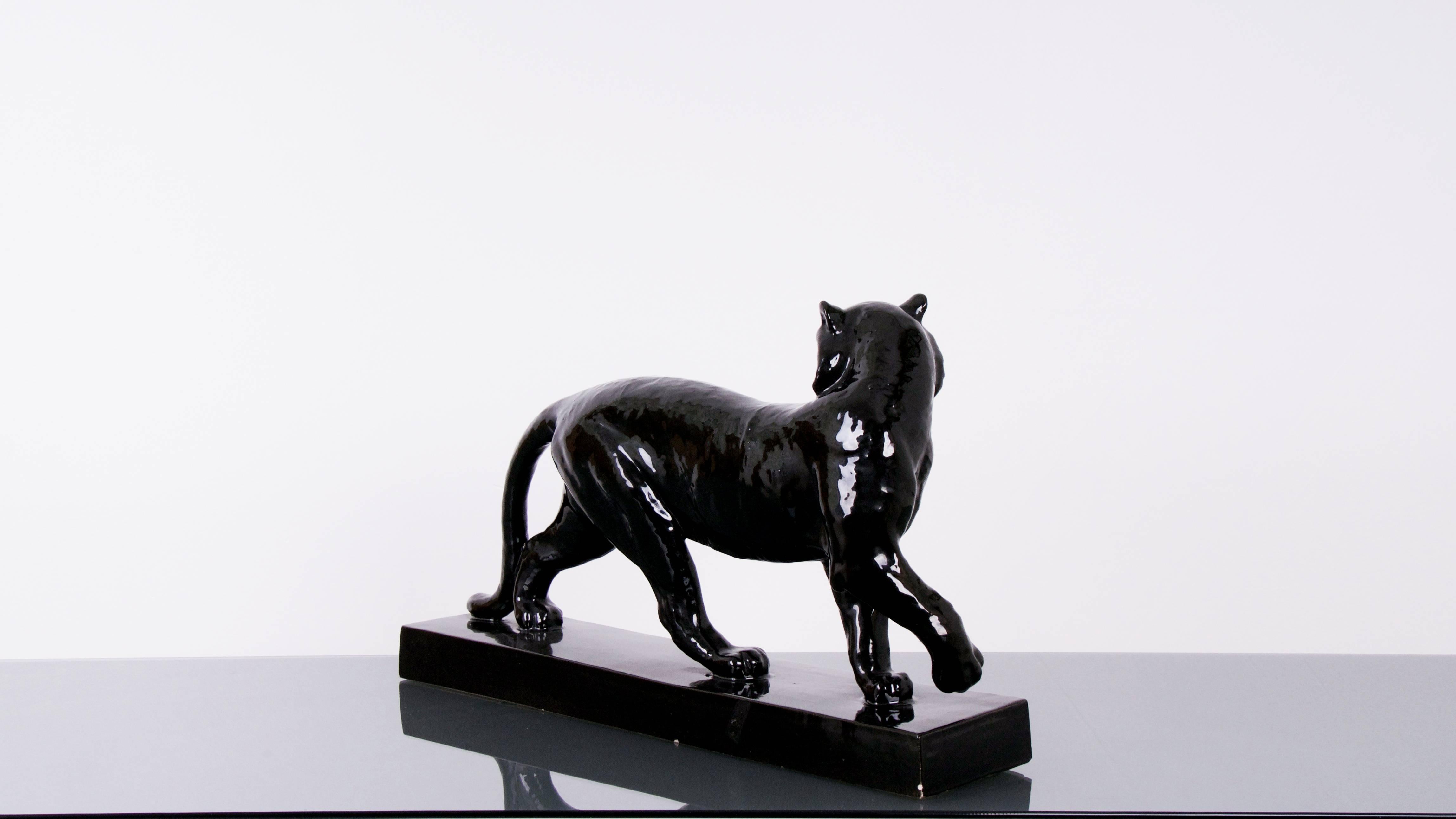 Glazed Elegant Ceramic Black Panther by Alexandre Kelety and Marcel Guillard For Sale