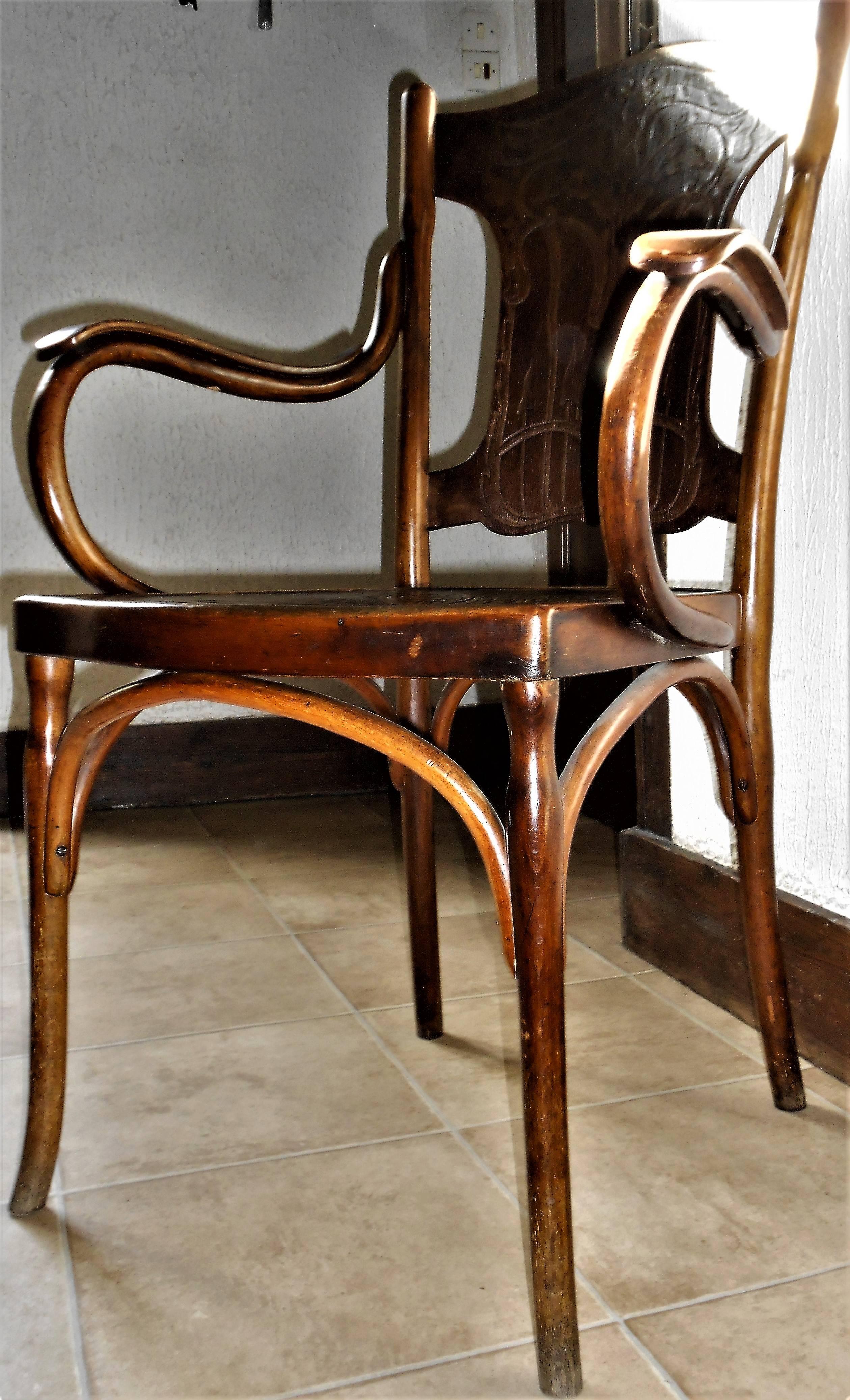 Gorgeous original Art Nouveau armchairs stamped and labeled by JJ Kohn, Vienna, circa 1900.
These bentwood armchairs fit anywhere, they are stunning, rare to find a set like that. Beautiful patina, and they present a great work of
Elegant,