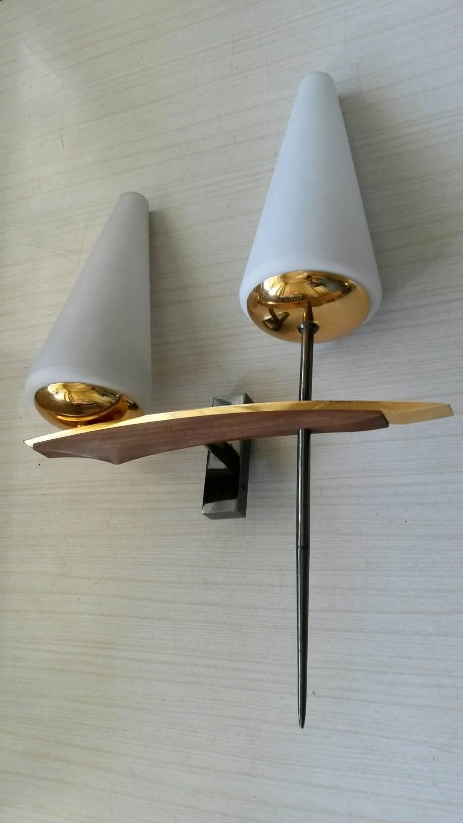 Pair of Double Sconces, French Mid-Century Modern by Maison Arlus In Good Condition In Paris, FR
