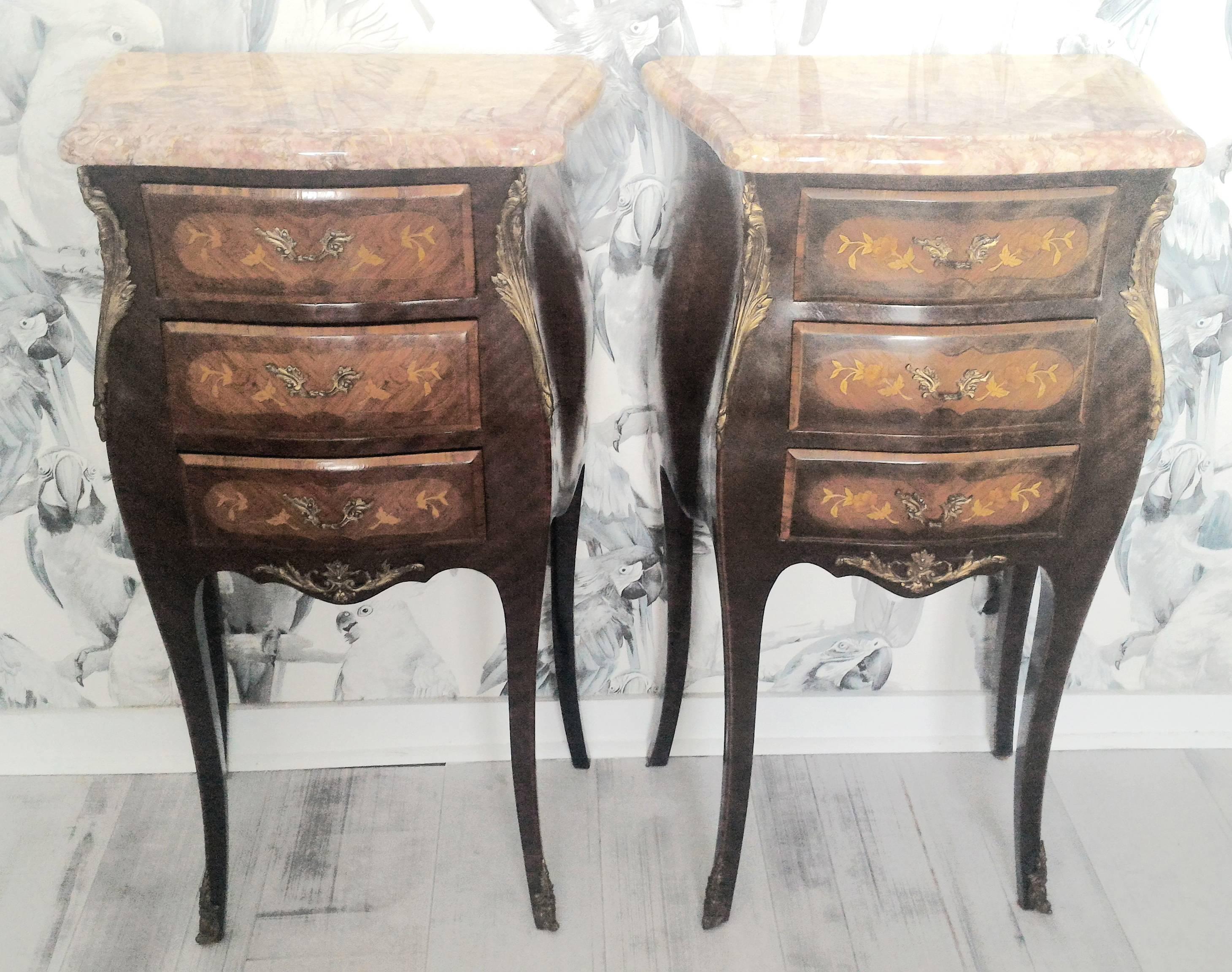 Bronze Louis XV Marquetry Commode and Pair of Bed Side Tables, French Bedroom Set