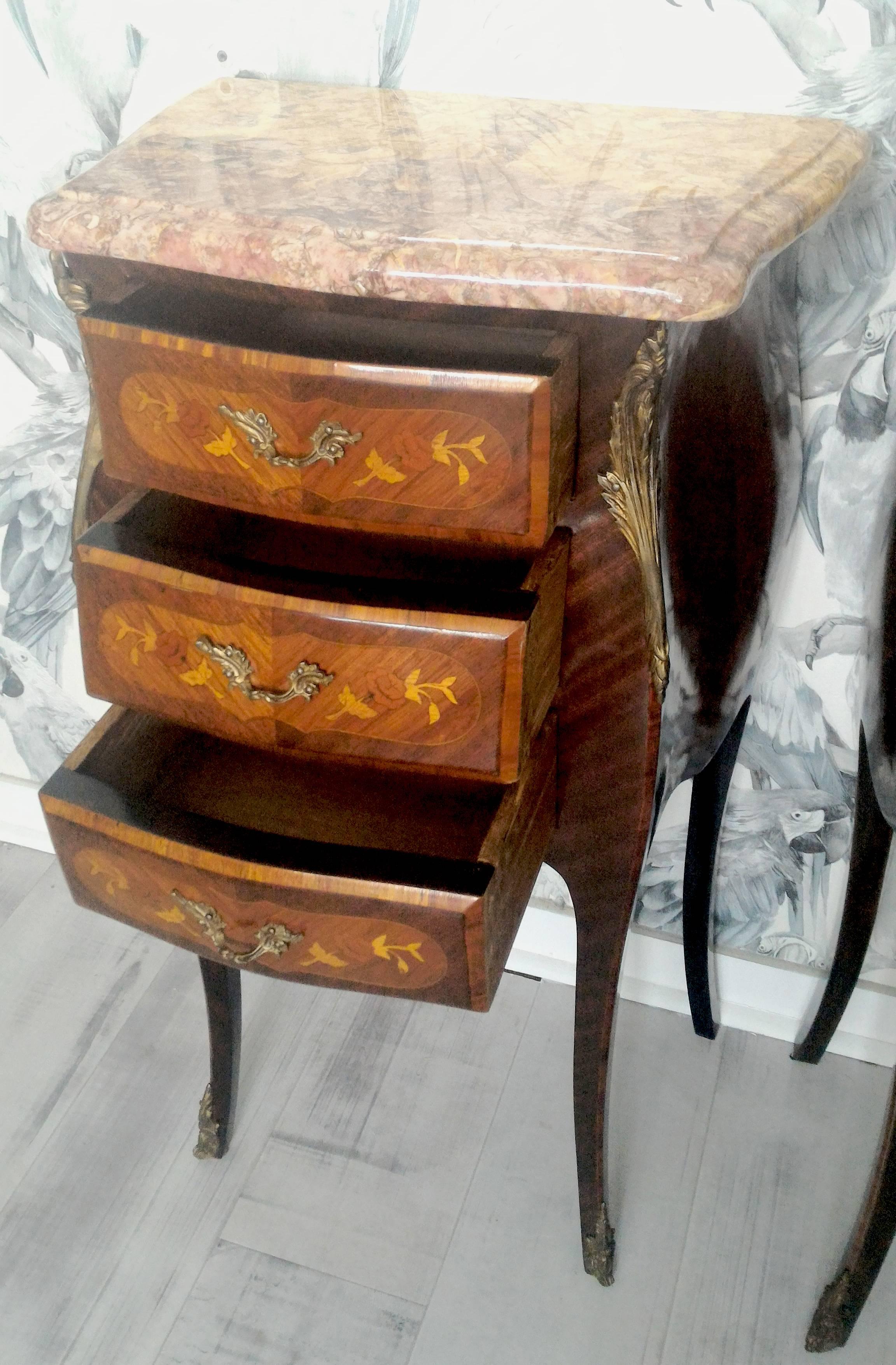 Louis XV Marquetry Commode and Pair of Bed Side Tables, French Bedroom Set 2