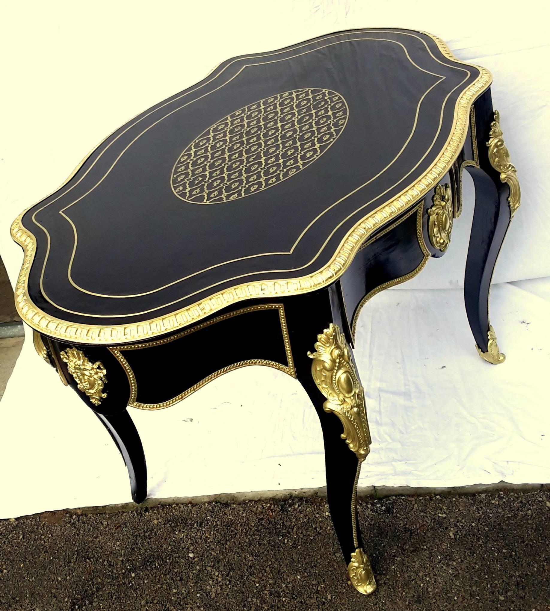 French Louis XV Fiddle Desk Writing Table in Boulle Marquetry, 1870, France