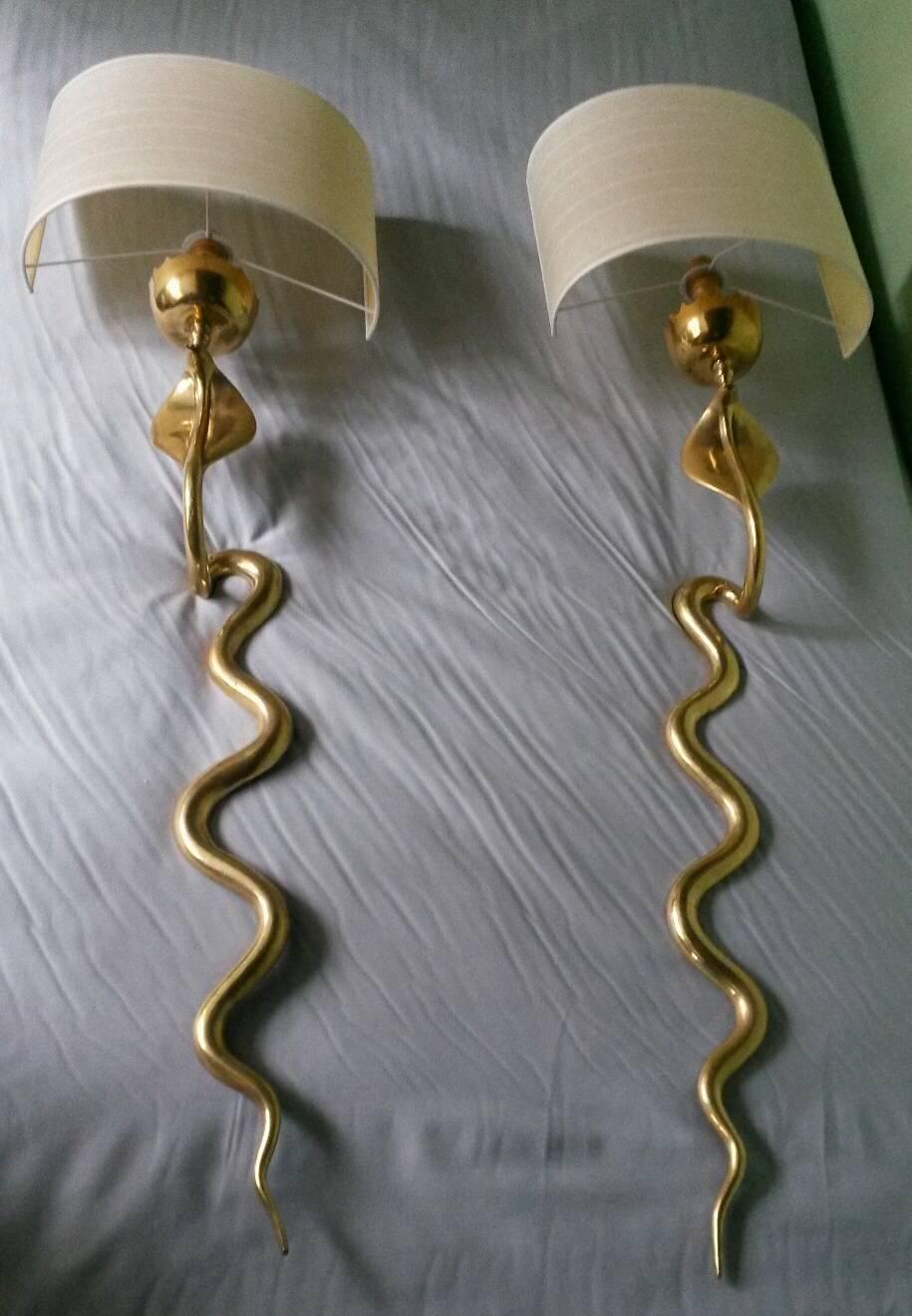 French Neoclassical Gilt Bronze Cobra Sconces, 1950s 3