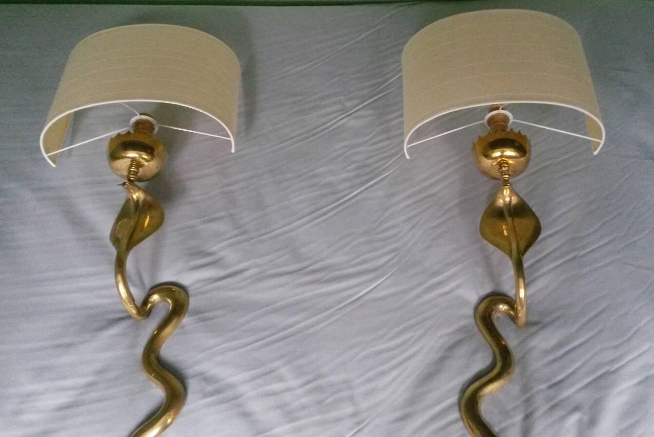 French Neoclassical Gilt Bronze Cobra Sconces, 1950s 4