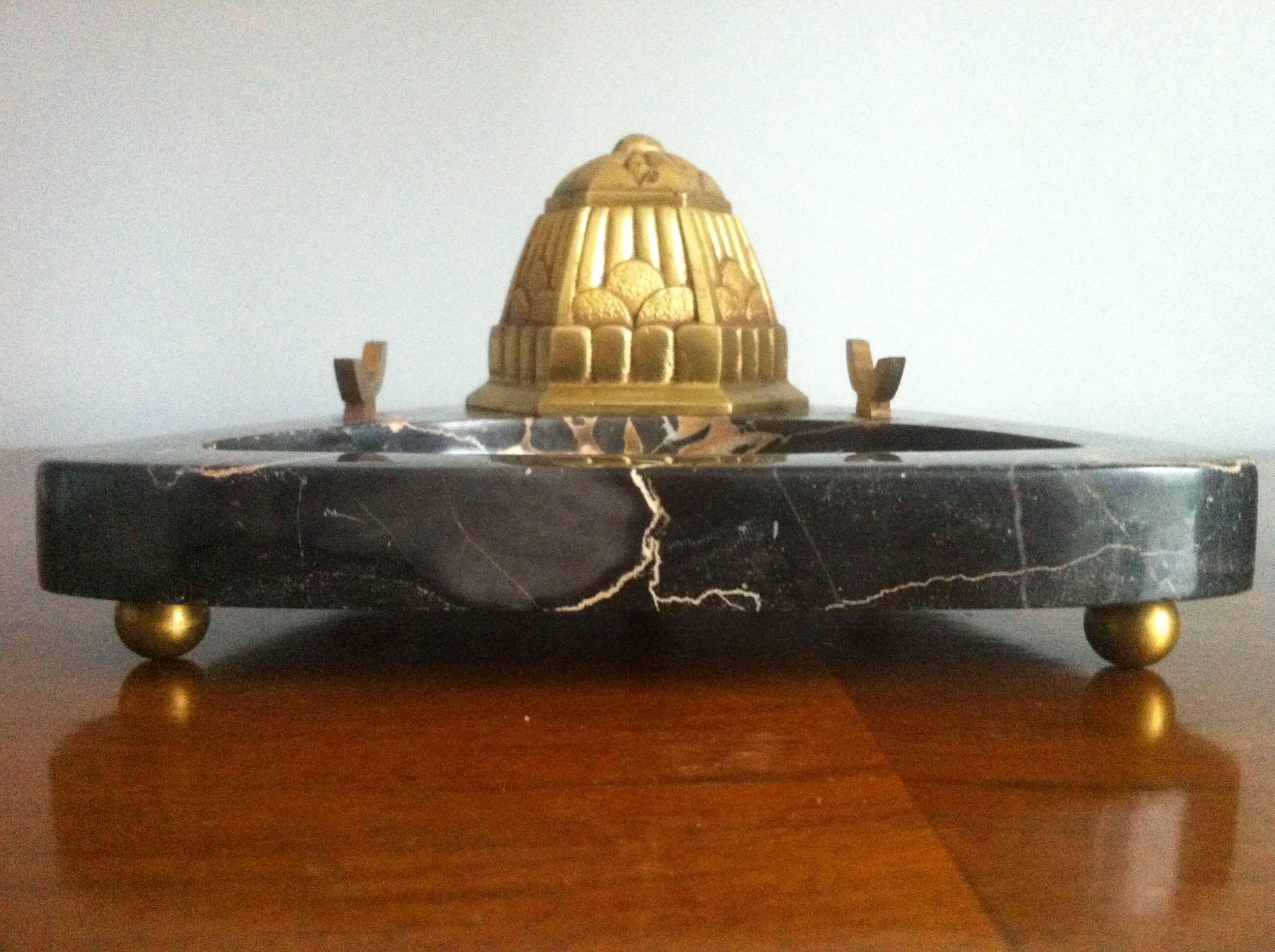 Art Deco Inkwell, Bronze and Portor Marble, France, 1920 1