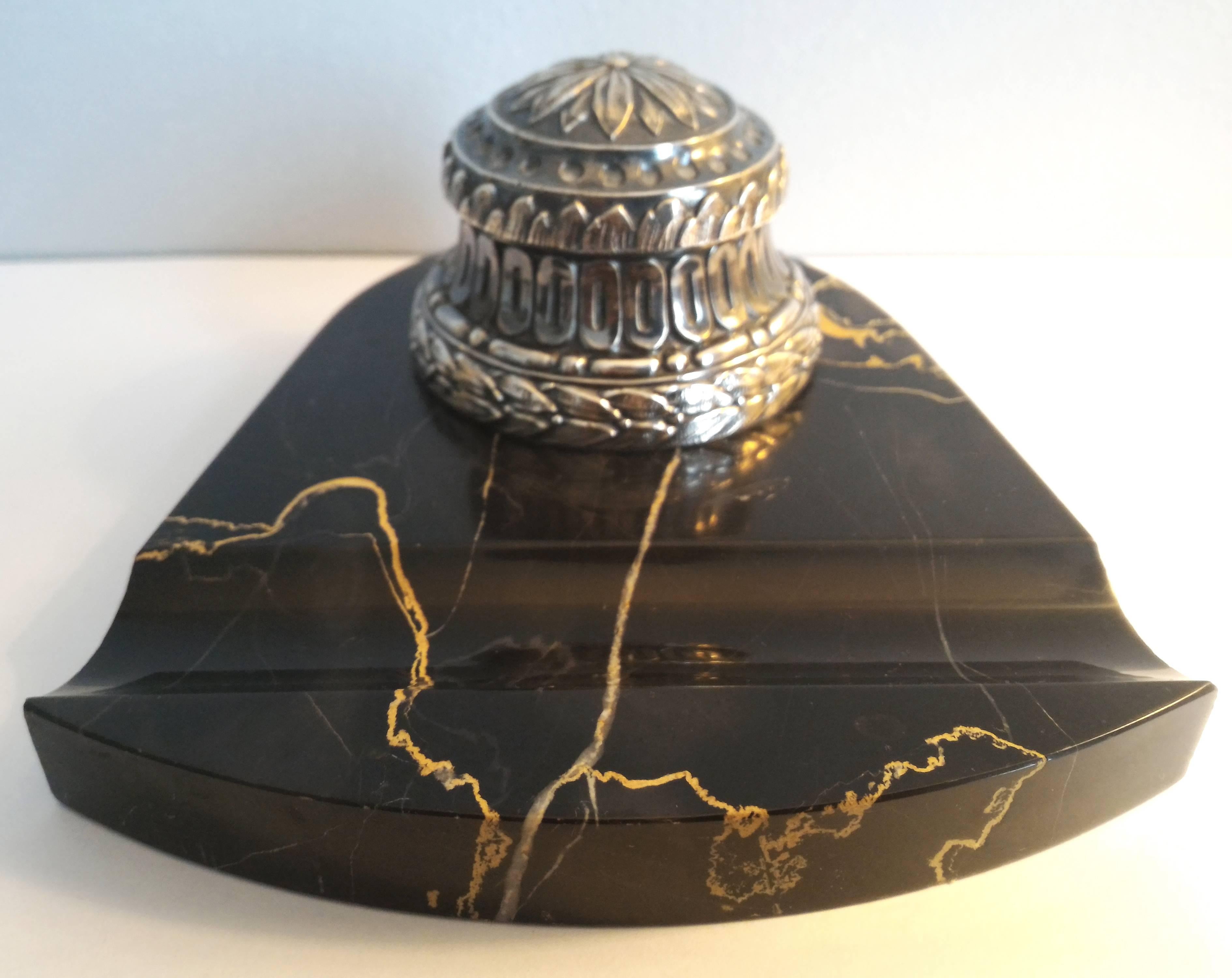 French Late 19th Century Portor Black and Gold Marble Base Inkwell 