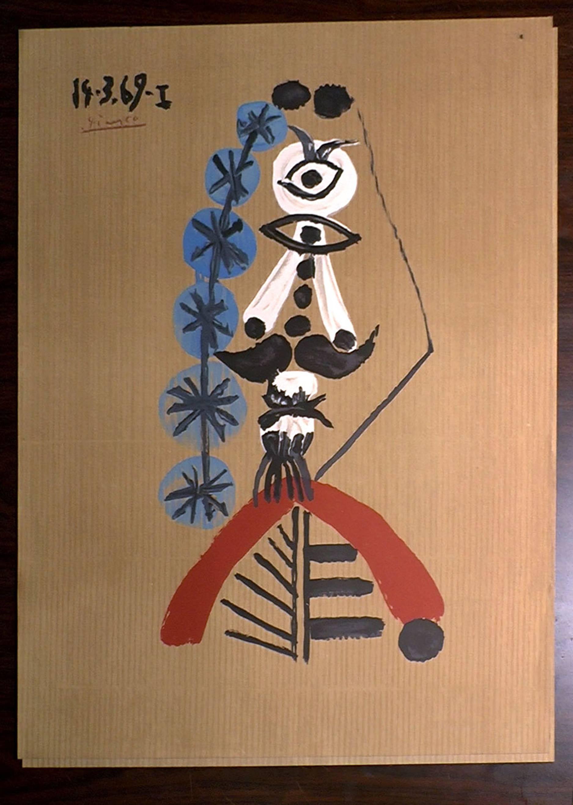 Superbe et vibrante lithographie originale de Picasso signée et datée Portrait imaginaire:: France:: 1969
Réalisée dans un papier spécial et magnifique de couleur brune
Fabricant de lithographies : Salinas
Papier : Papier Vélin d'Arches. 
    