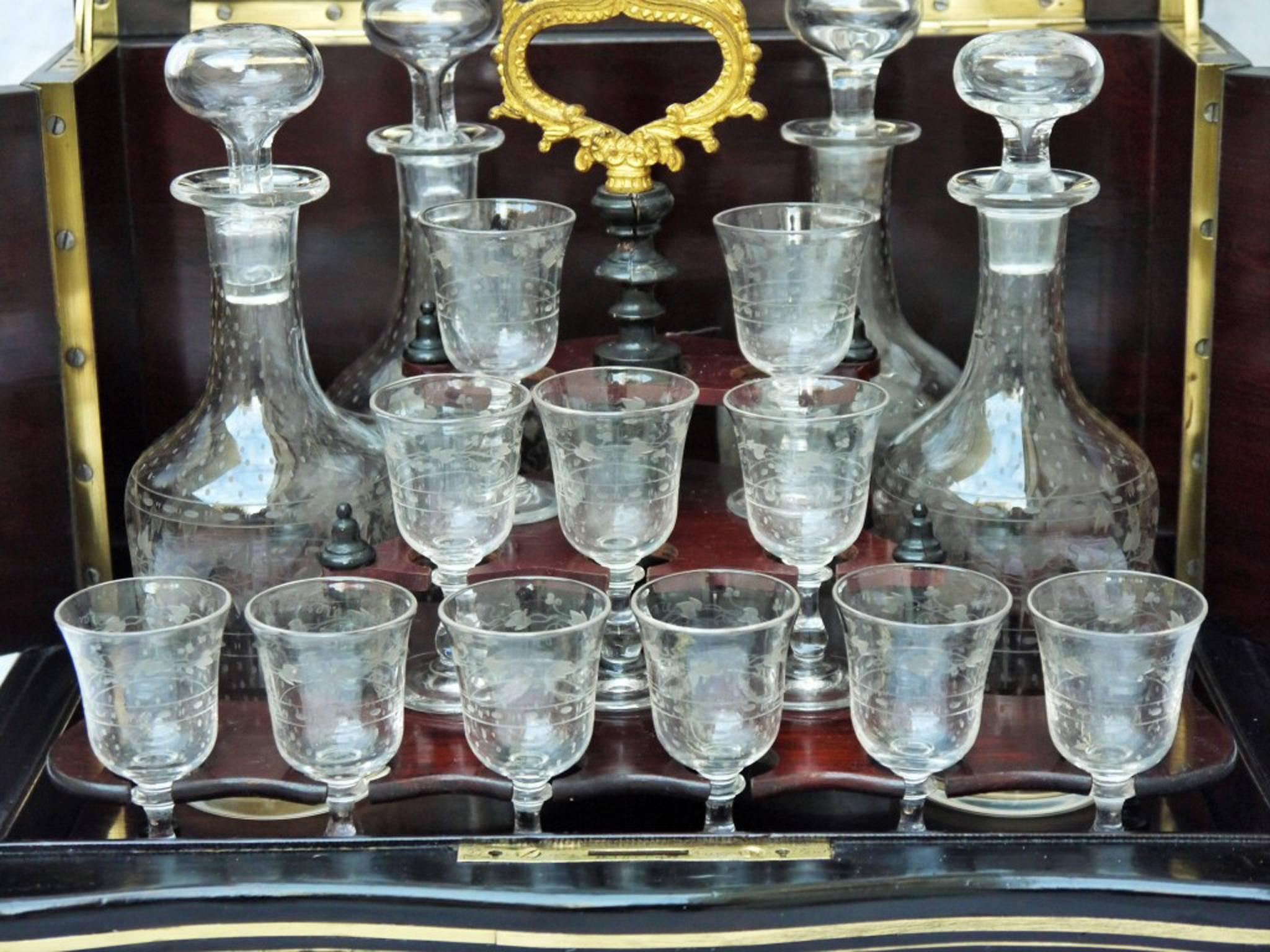 Marquetry 19th Century Complete Brass and Crystal Cave a Liqueur in Boulle Style, France