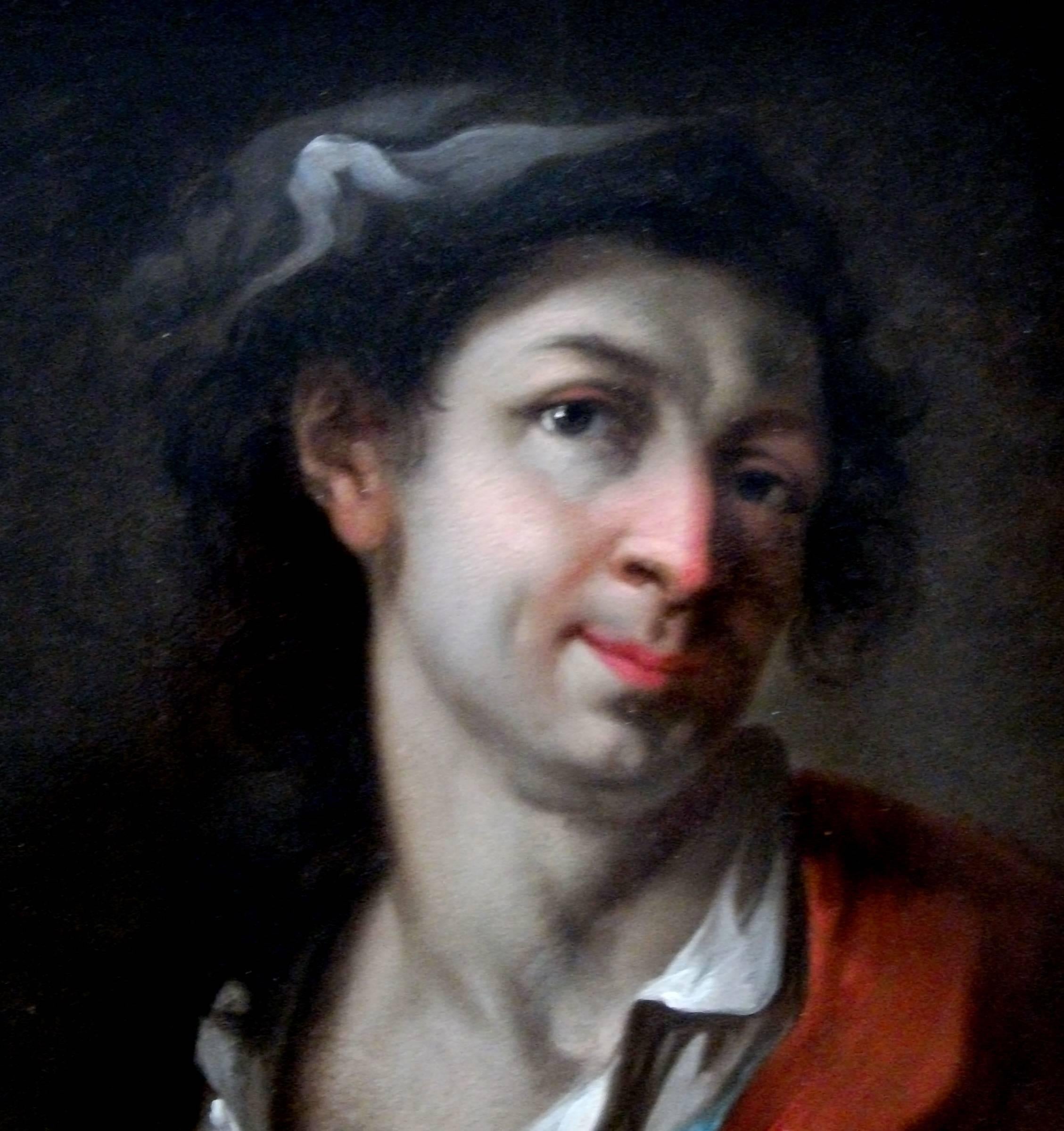 Rare, 18th century Italian old master for kings and queens, Giosue
Scotti, auto portrait of the artist.

Signed on the back: Josue Scotti pittore di Milano,

circa 1771

Painted on a lime tree wood panel 

He is dressed in a white blouse