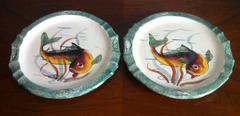 Set of Six French Ceramic Vintage Fish Hand-Painted Plates or Dishes