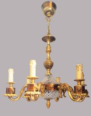 French Empire Lions Chandelier in Gilt Bronze and Crystal, Six Arms