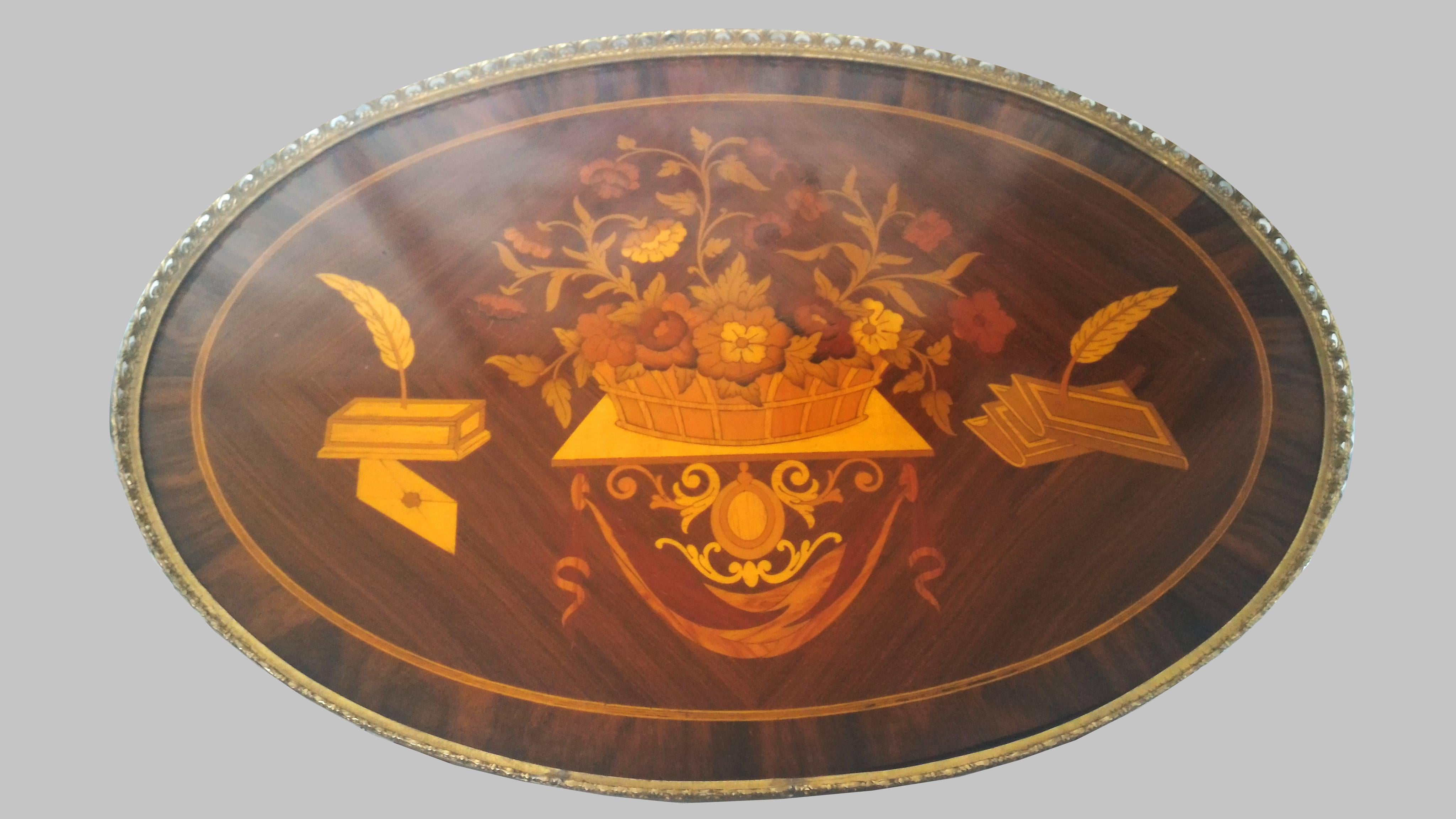 20th Century French Gueridon Marquetry Side Table and Gilt Bronze and Brass Ornaments
