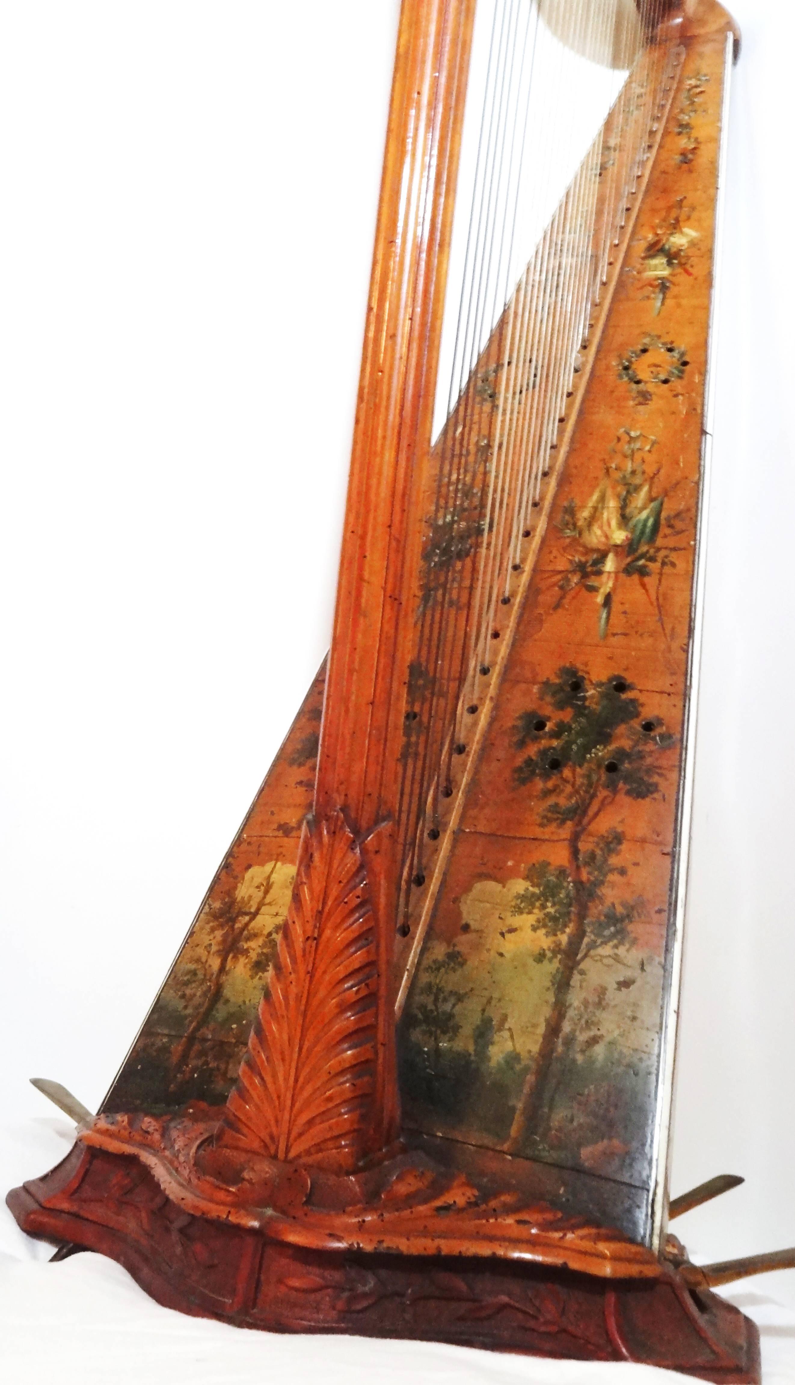 Baroque Rare Harp, 18th Century, Wood Painted with Flowers, Landscape, France