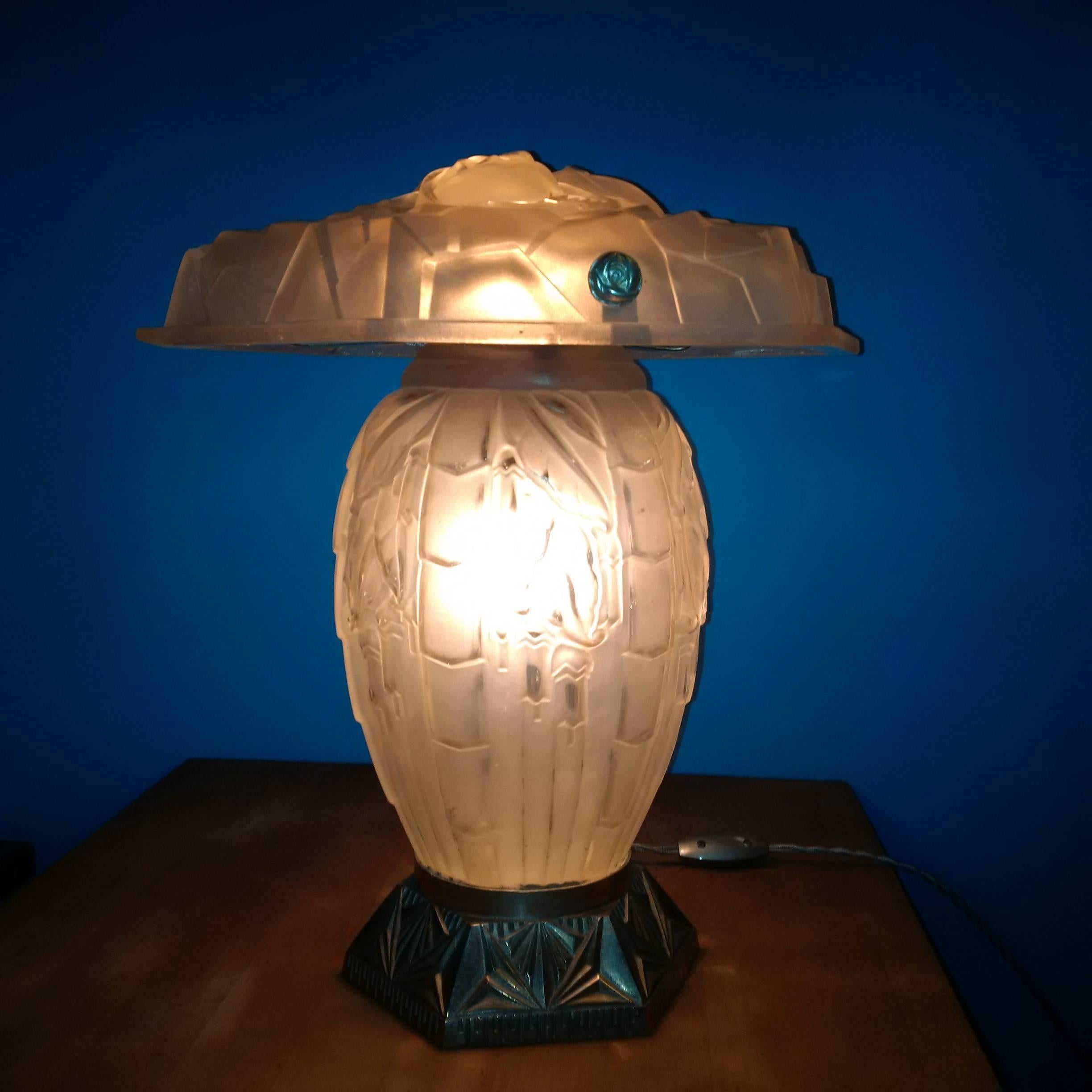 French Stunning Art Deco White Table Lamp with Bronze Base Signed by Degué, France