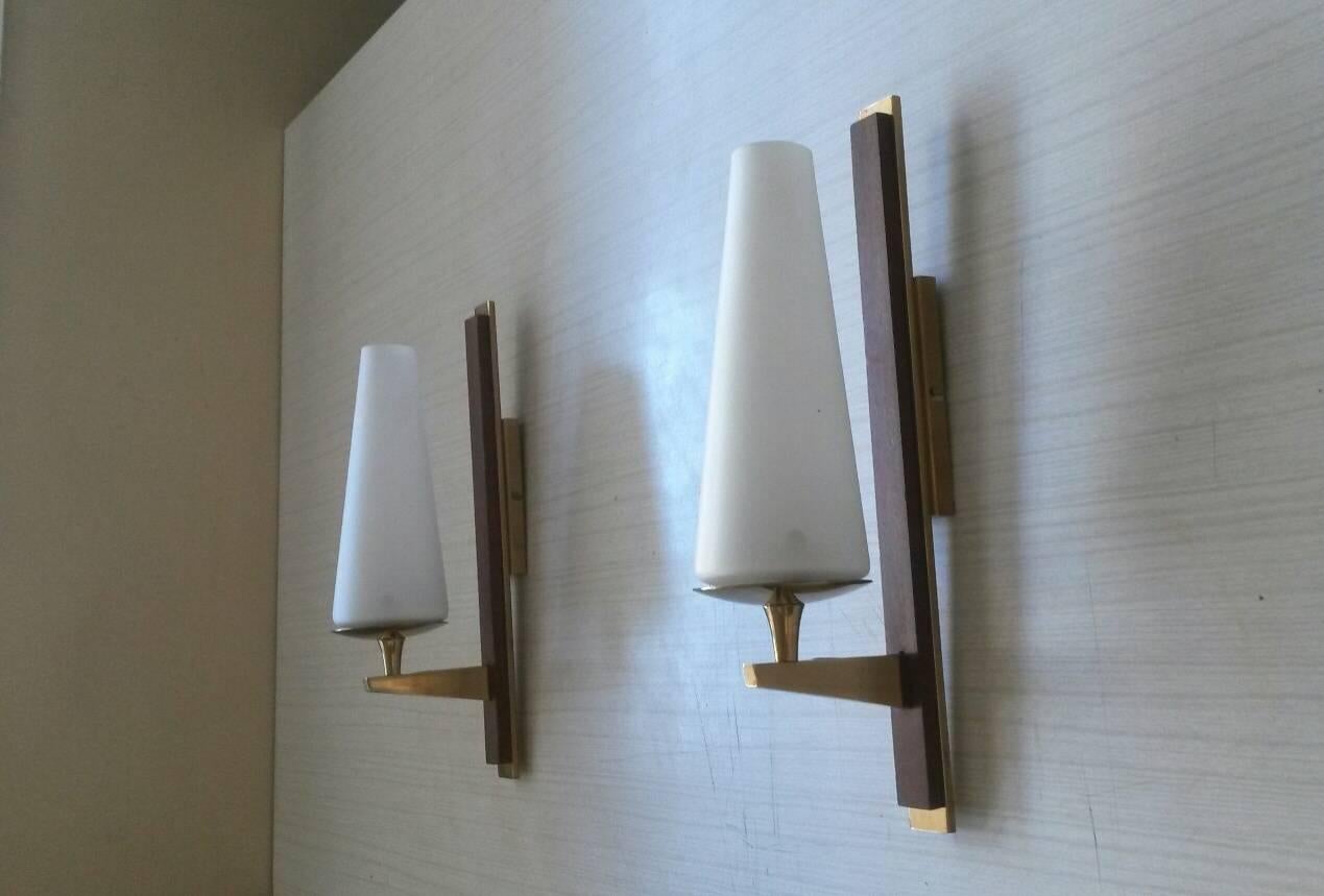 French Pair of Beautiful Mid Century Modern Gilt Bronze Sconces, France, 1950s