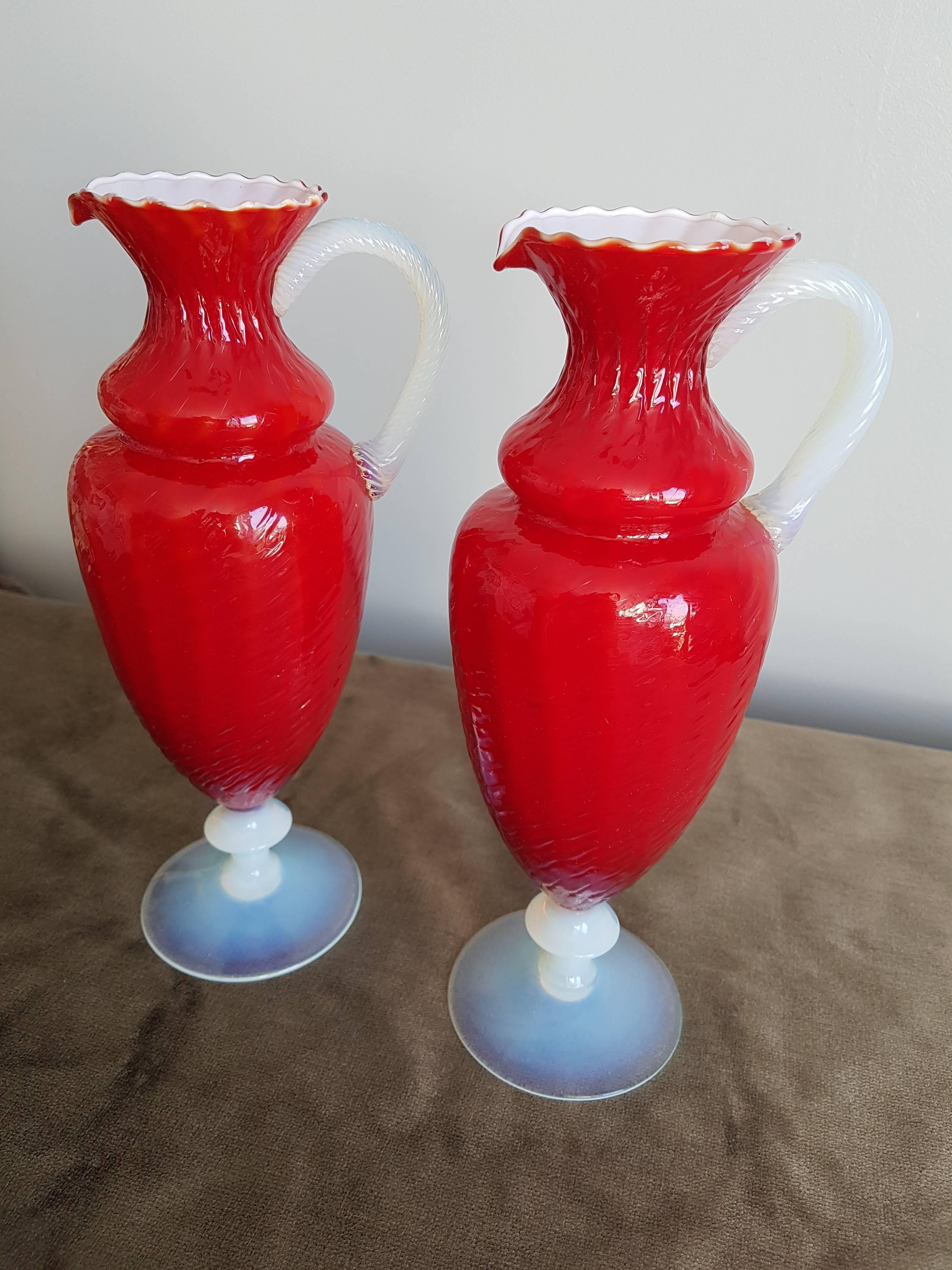 French Pair of Napoleon III Refined Red and White Opaline Vases Pitchers, France
