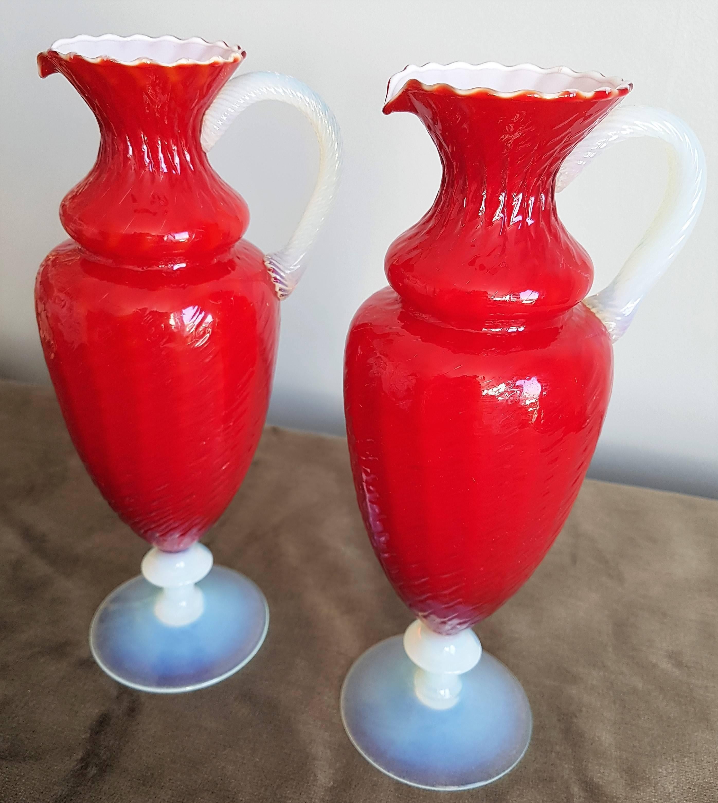 Pair of Napoleon III Refined Red and White Opaline Vases Pitchers, France 1